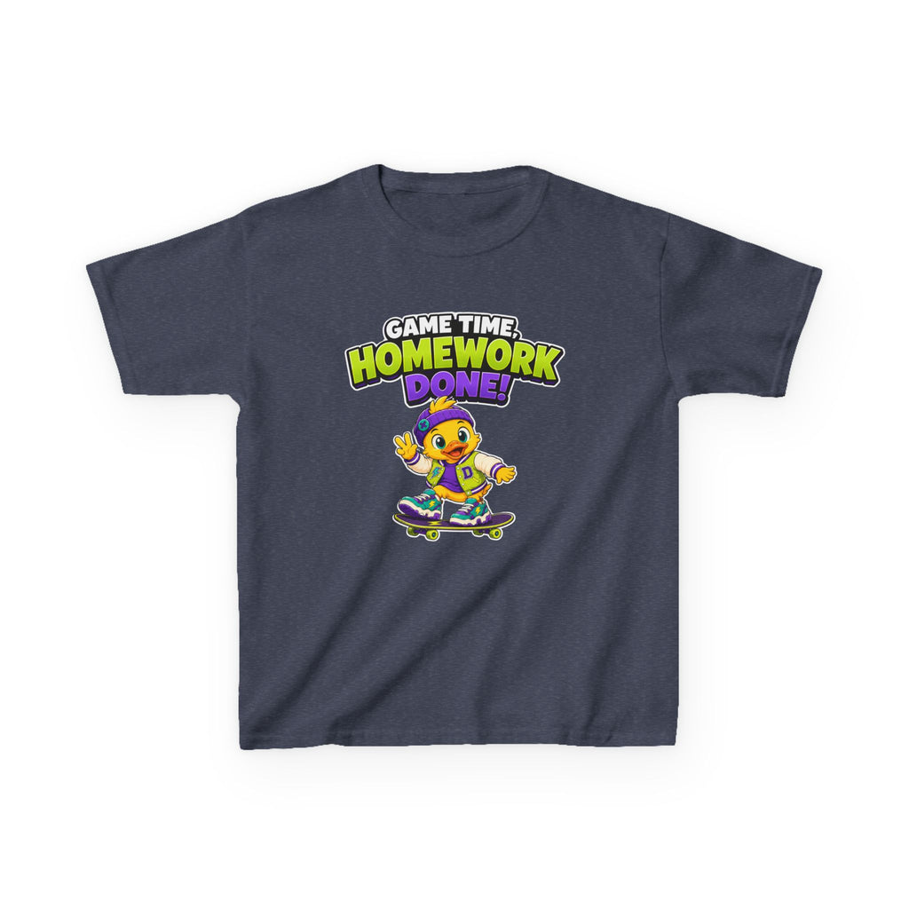 Kids Back-to-School T-Shirt — 'Game Time, Homework Done!' Skateboard Duck Graphic Tee