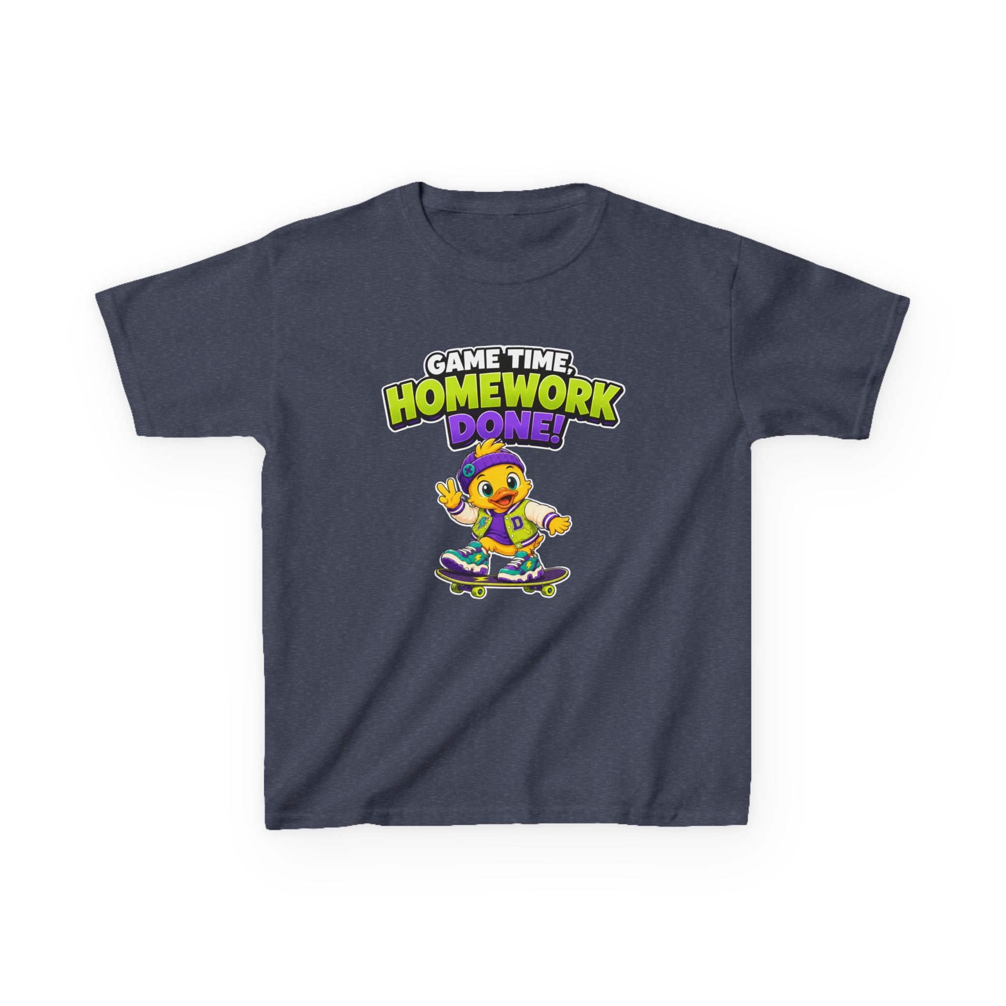 Kids Back-to-School T-Shirt — 'Game Time, Homework Done!' Skateboard Duck Graphic Tee