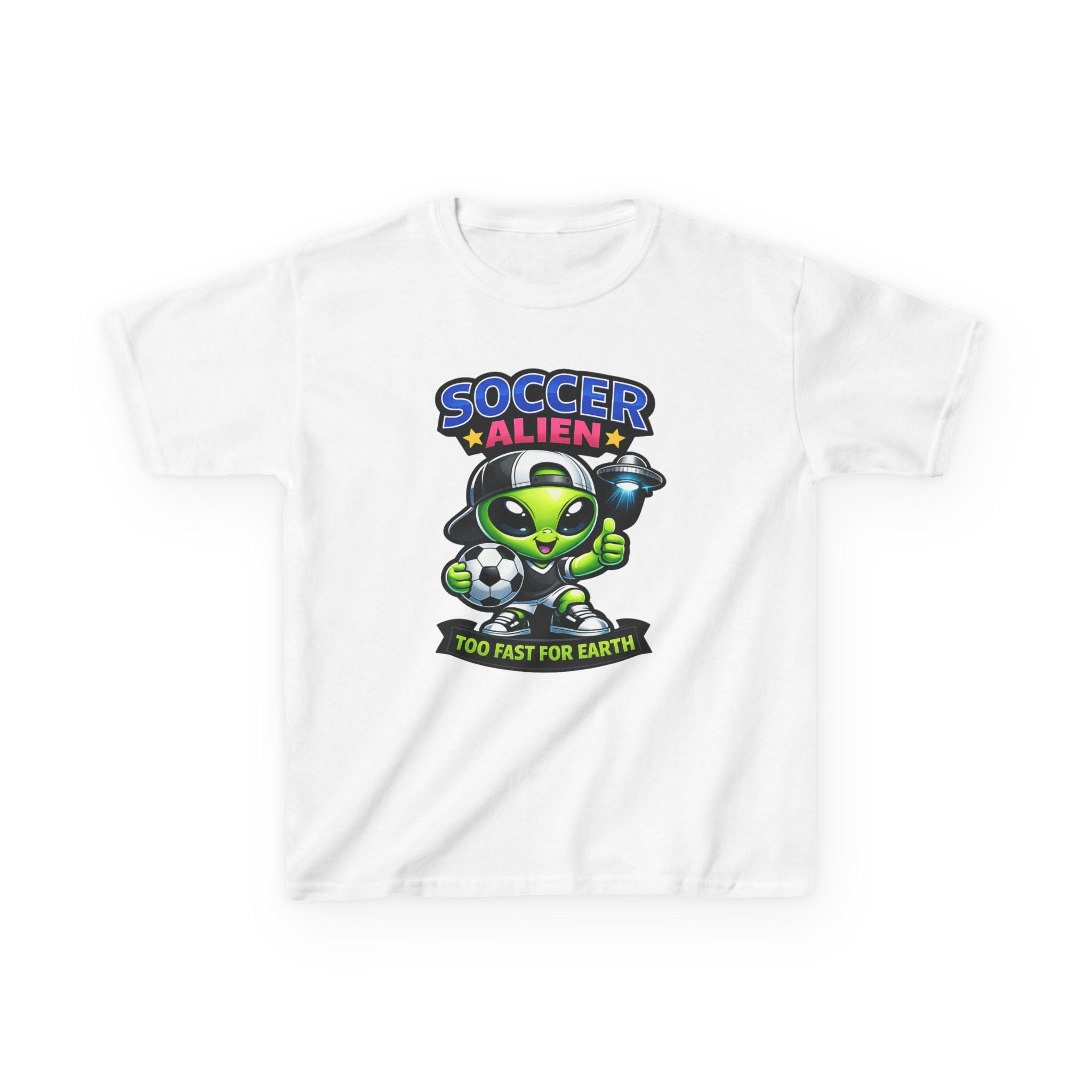 Kids Soccer T-Shirt — 'Too Fast for Earth' Cute Green Alien Soccer Graphic Tee