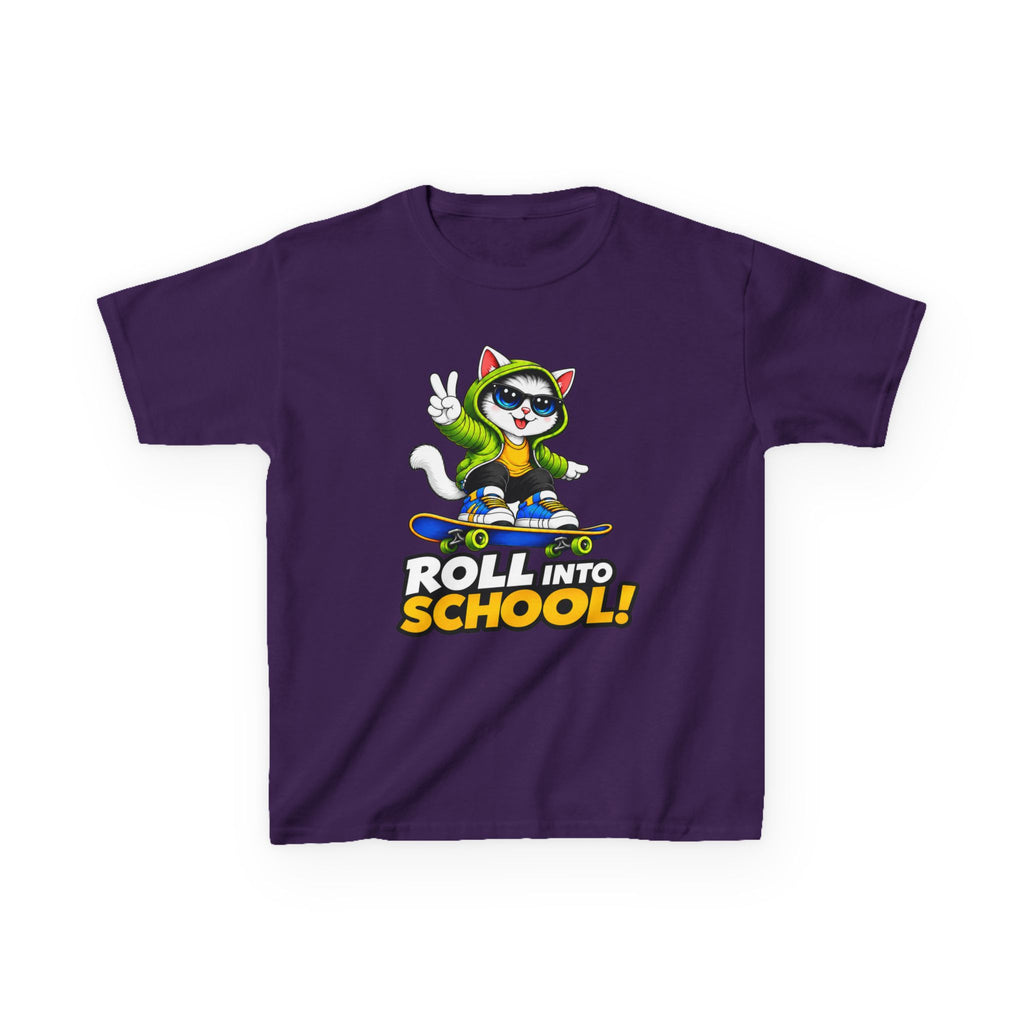 Kids Skateboarding Cat T-Shirt — 'Roll Into School' Back-to-School Graphic Tee