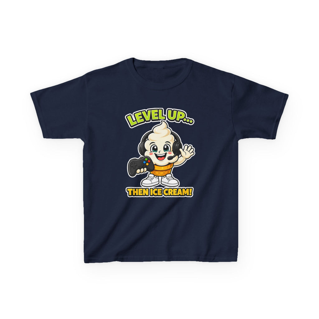 Kids Gamer T-Shirt — 'Level Up... Then Ice Cream!' Ice Cream Cartoon Graphic Tee