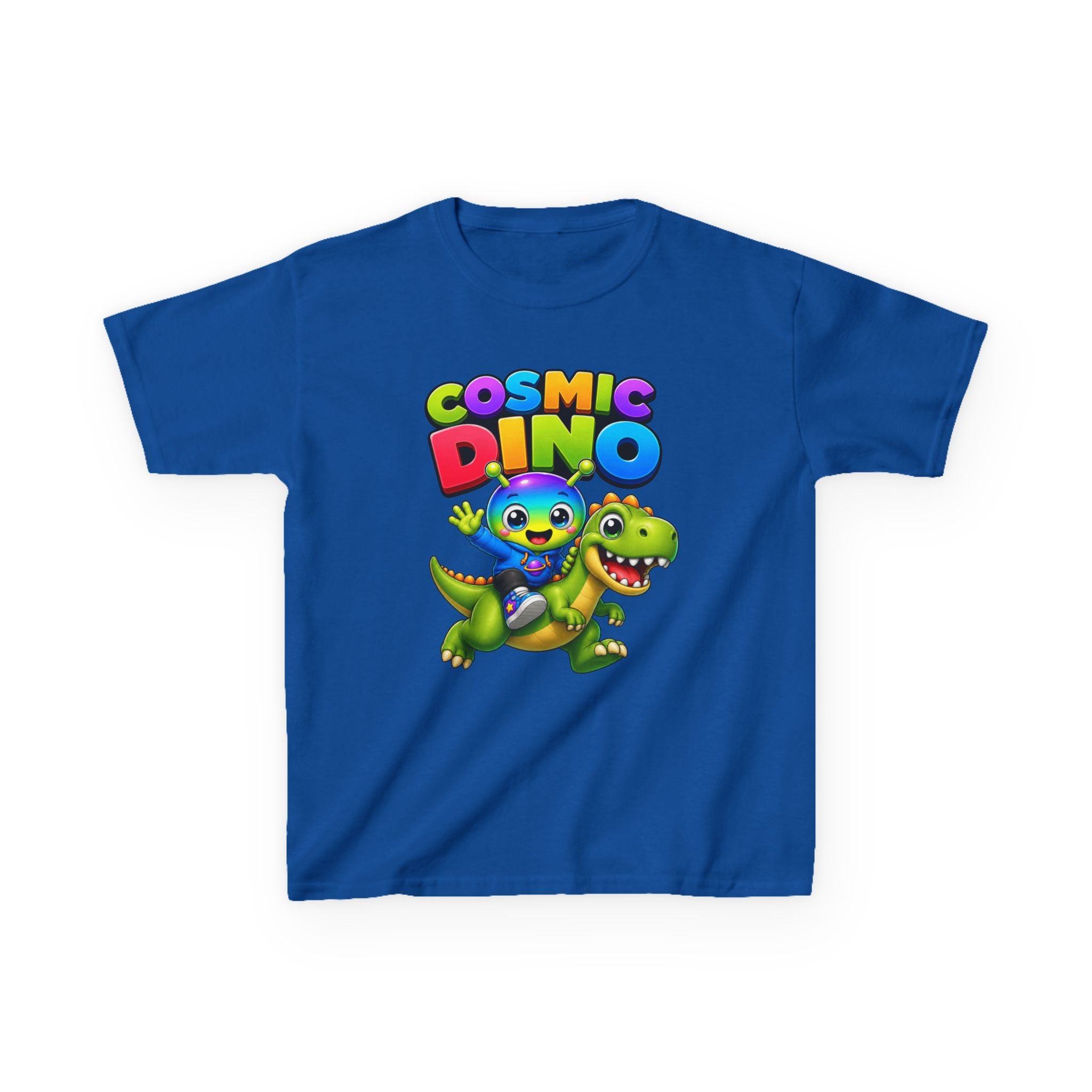 Kids Cosmic Dino T-Shirt — 'Cosmic Dino' Colorful Alien Riding Dinosaur Graphic Tee