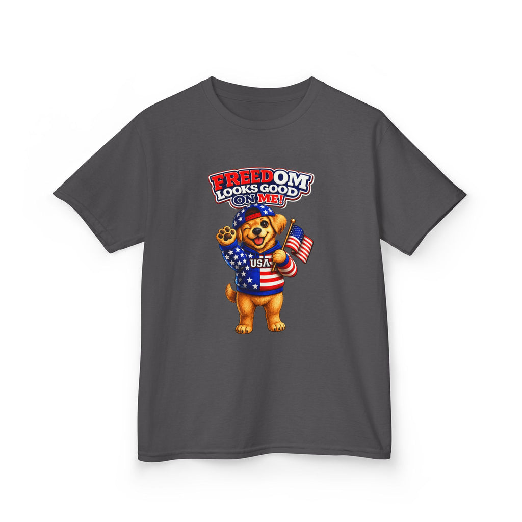 Kids Patriotic T-Shirt — 'Freedom Looks Good on Me' USA Dog Graphic Tee