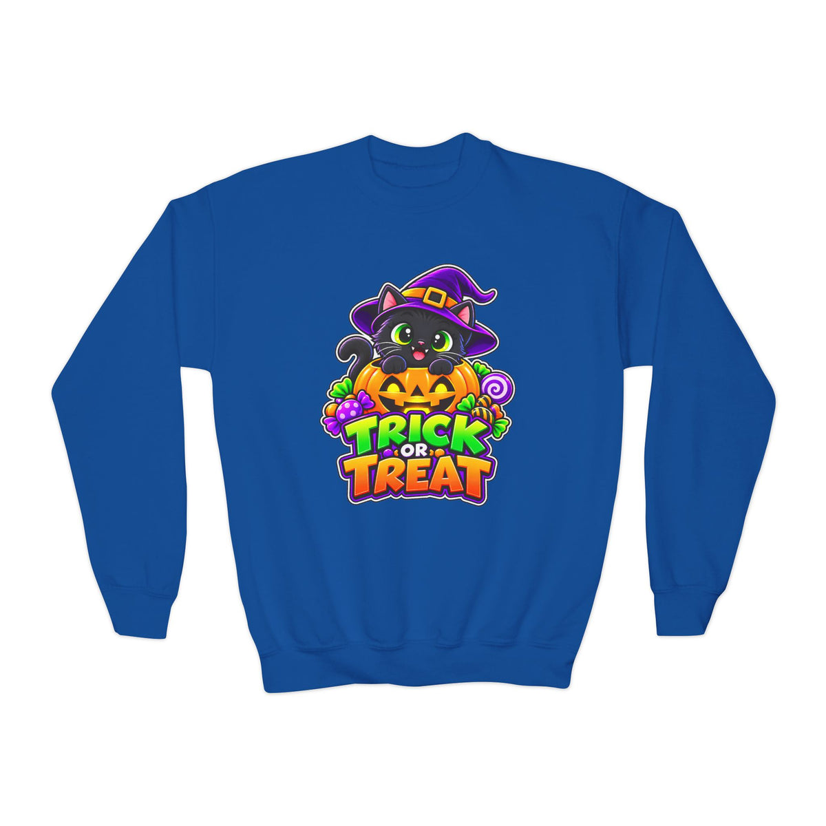 Kidxtr™ Kids Halloween Sweatshirt — 'Trick or Treat' Black Cat in Pumpkin Graphic Crewneck