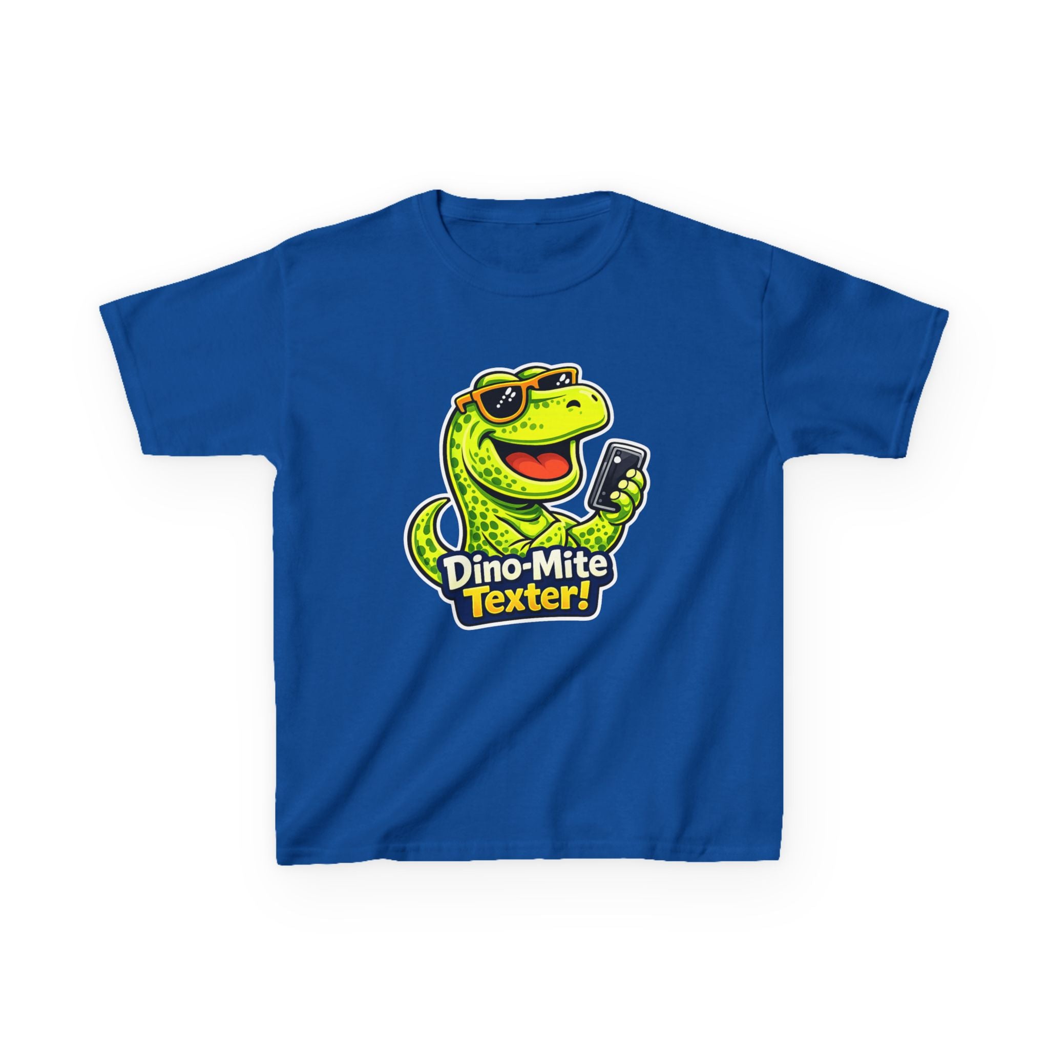 Kids Dinosaur T-Shirt — 'Dino-Mite Texter' Cartoon Dinosaur Graphic Tee