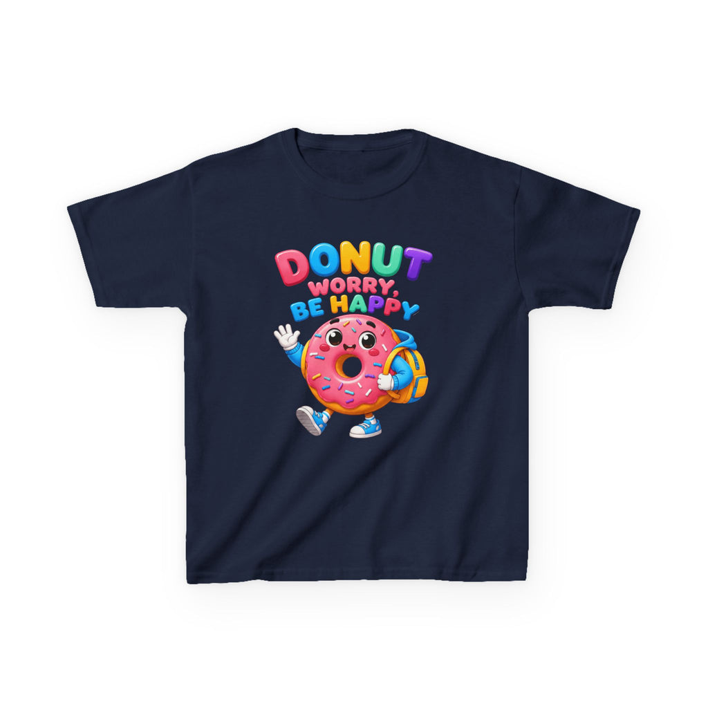 Kids Tee — "Donut Worry, Be Happy" Colorful Cartoon Donut Shirt
