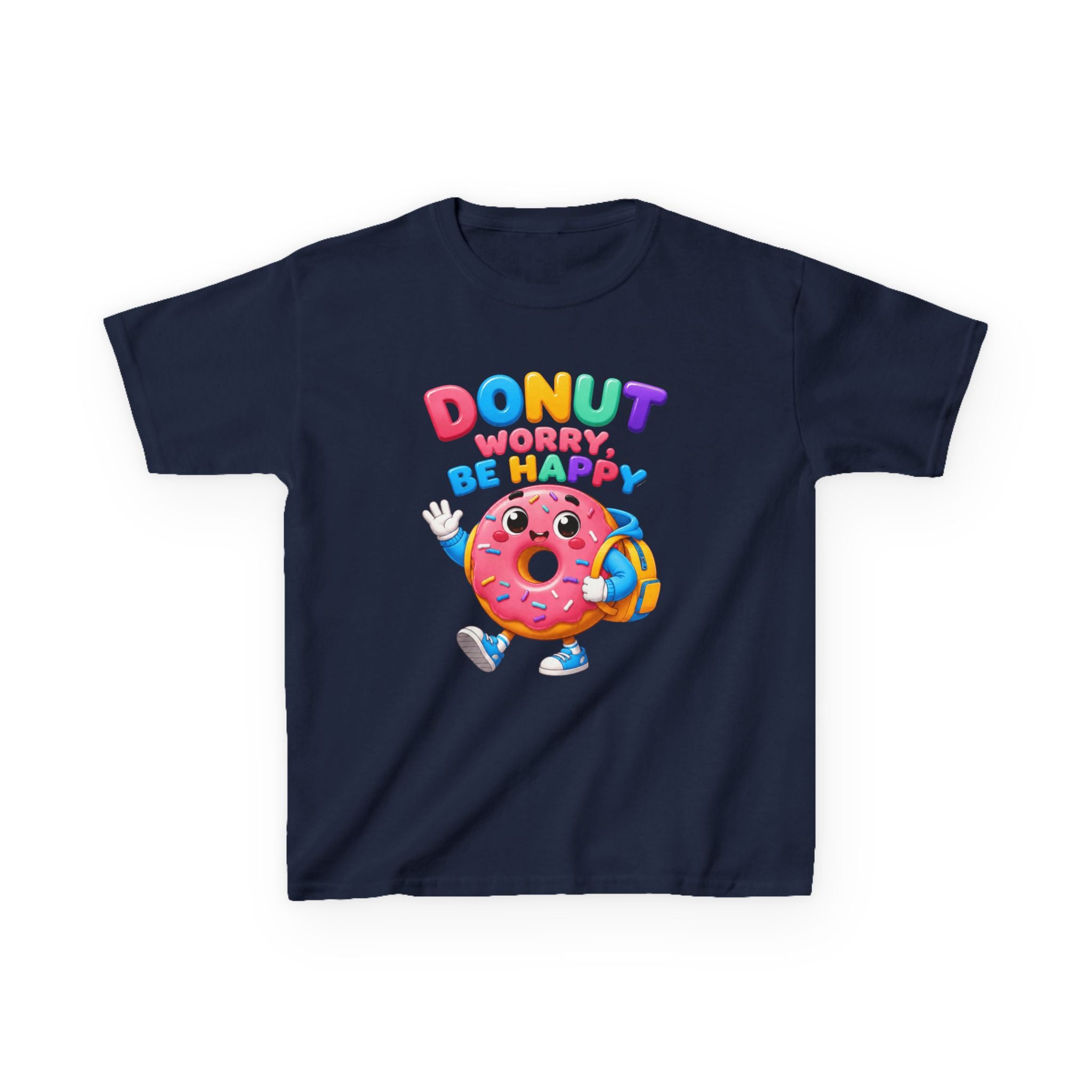 Kids Tee — "Donut Worry, Be Happy" Colorful Cartoon Donut Shirt