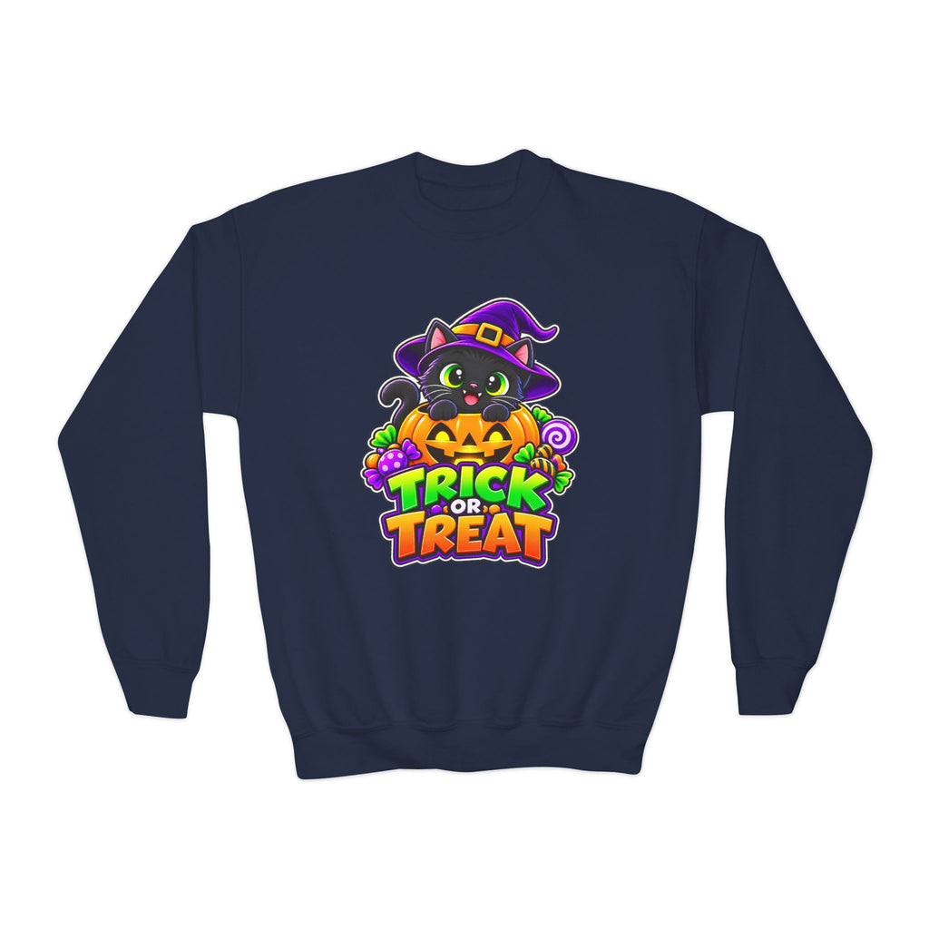 Kidxtr™ Kids Halloween Sweatshirt — 'Trick or Treat' Black Cat in Pumpkin Graphic Crewneck
