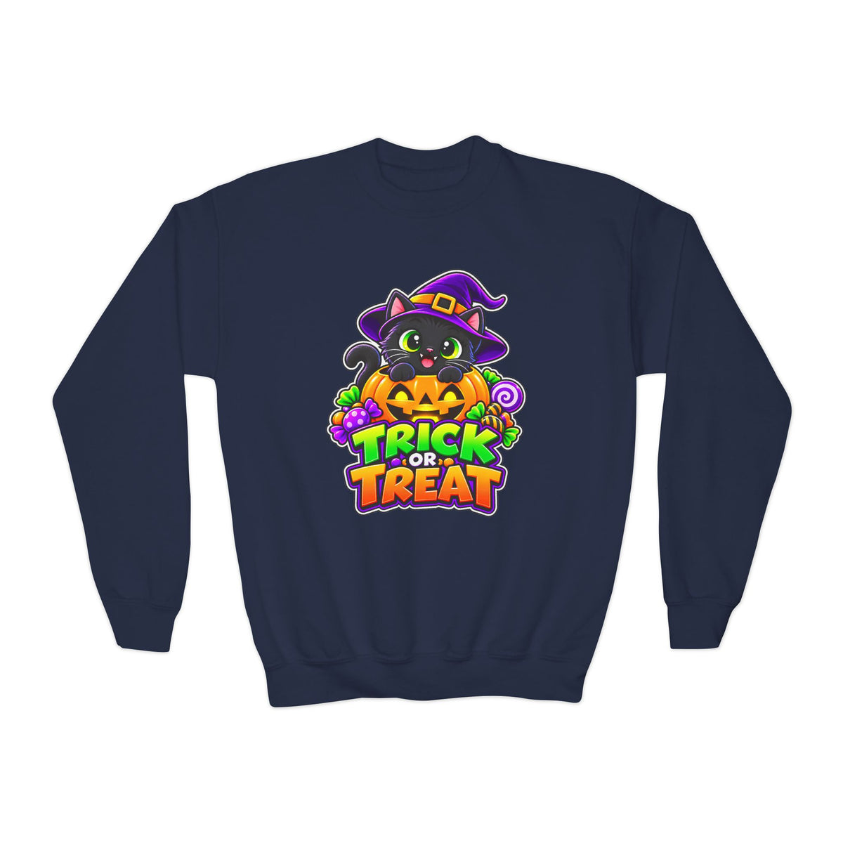 Kidxtr™ Kids Halloween Sweatshirt — 'Trick or Treat' Black Cat in Pumpkin Graphic Crewneck