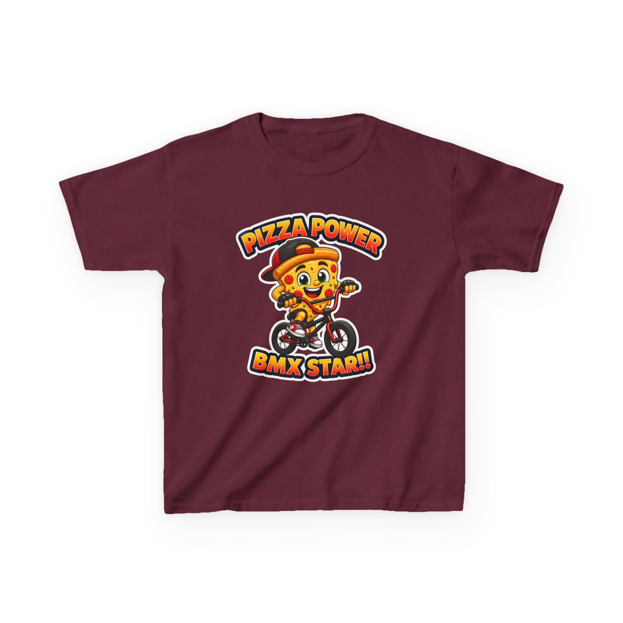 Kids BMX T-Shirt — 'Pizza Power' Cute Pizza Character Riding Bike Graphic Tee