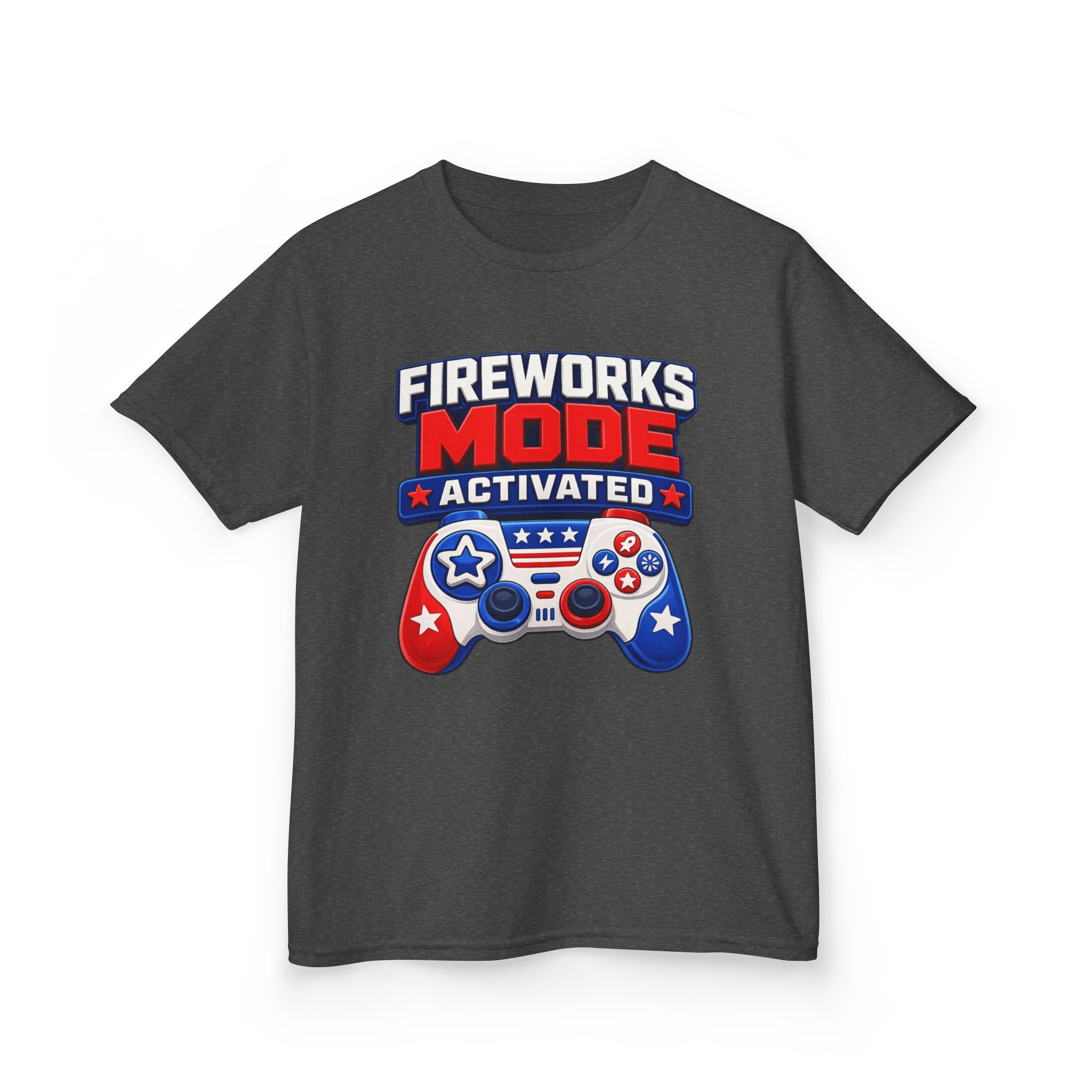 Kids Tee — "Fireworks Mode Activated" Patriotic Gamer Shirt