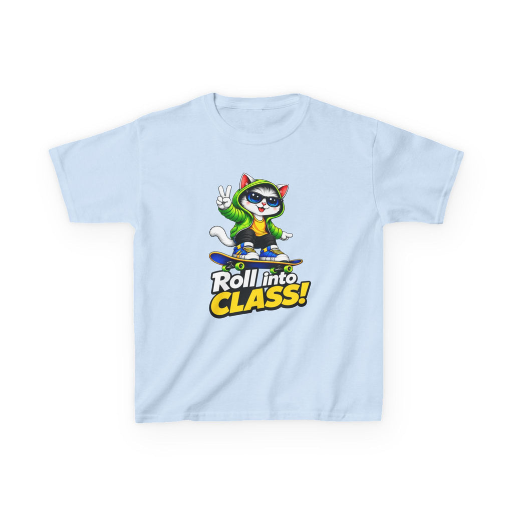 Kids Skateboarding Cat T-Shirt — 'Roll into Class!' Back-to-School Graphic Tee
