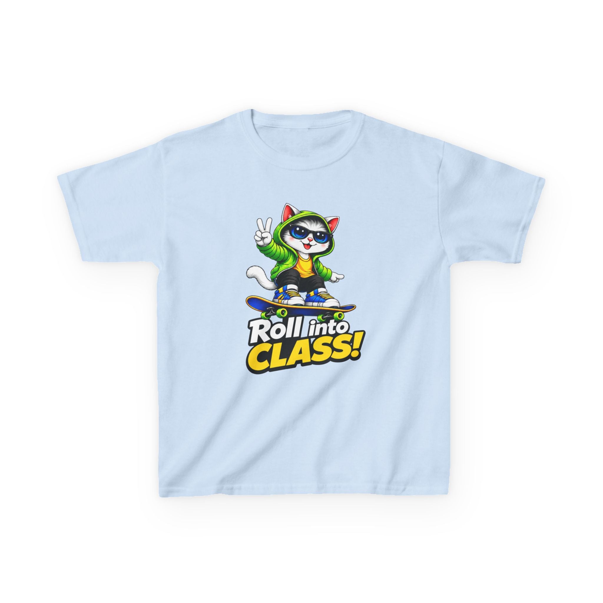 Kids Skateboarding Cat T-Shirt — 'Roll into Class!' Back-to-School Graphic Tee