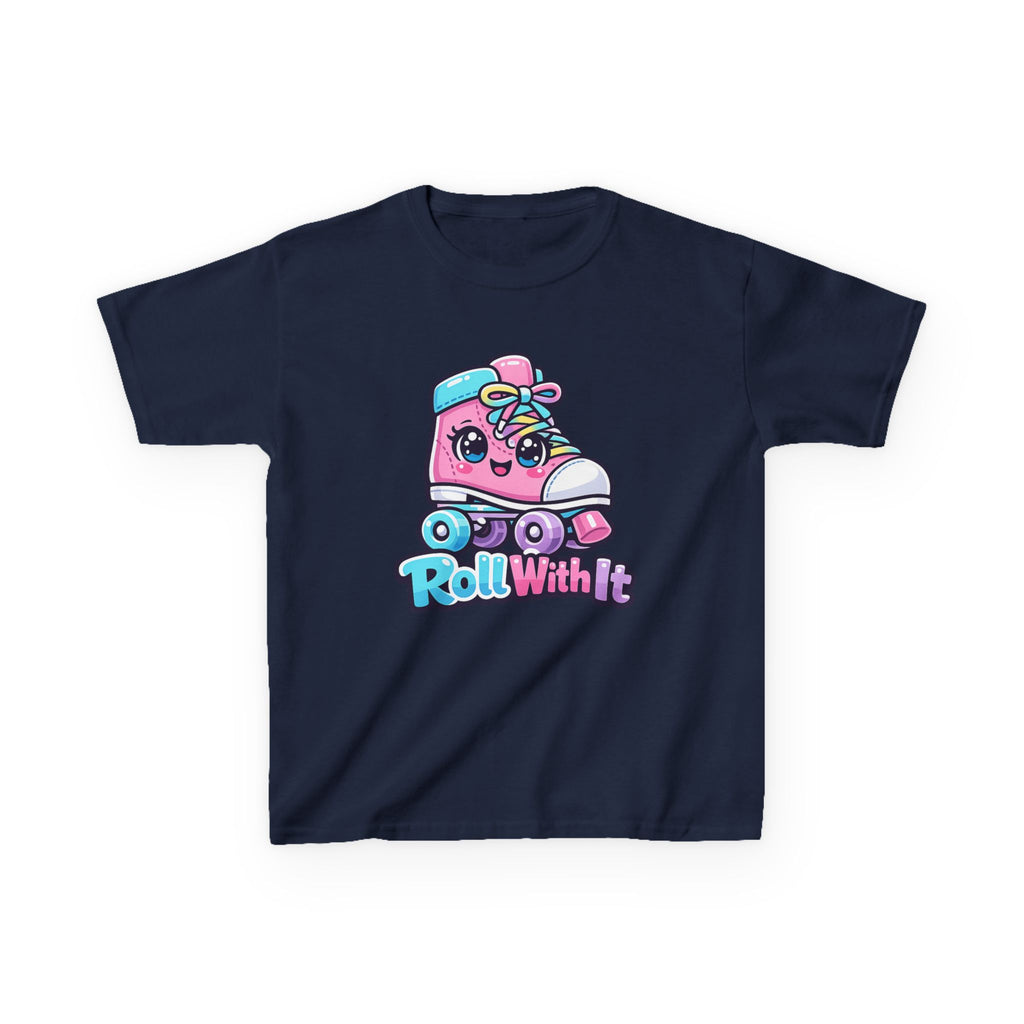 Kids Roller Skate T-Shirt — 'Roll With It' Cute Pink Roller Skate Graphic Tee
