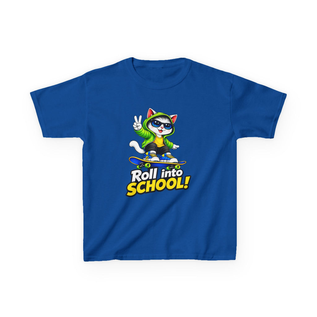 Kids T‑Shirt — 'Roll into School!' Skateboard Cat Back-to-School Tee