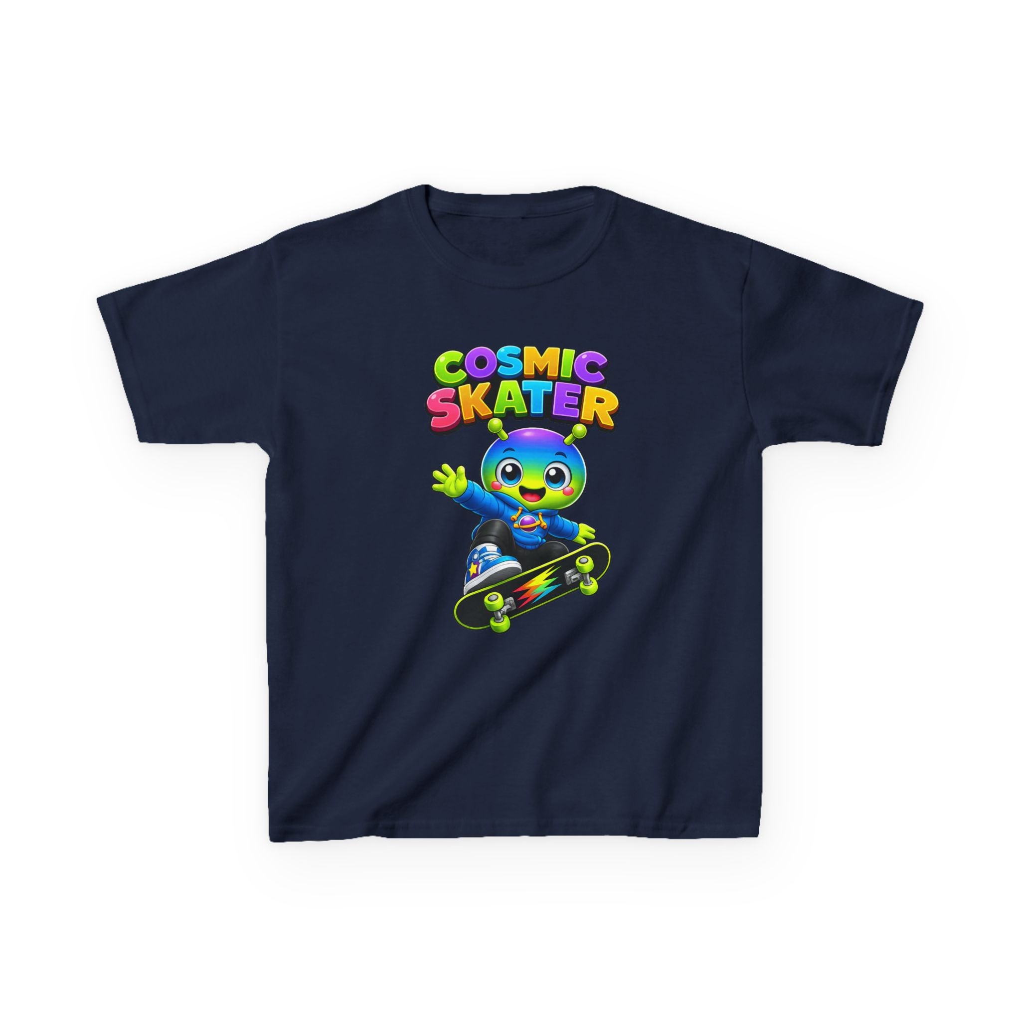 Kids Cosmic Skater T-Shirt — 'Cosmic Skater' Colorful Alien Skateboard Graphic Tee