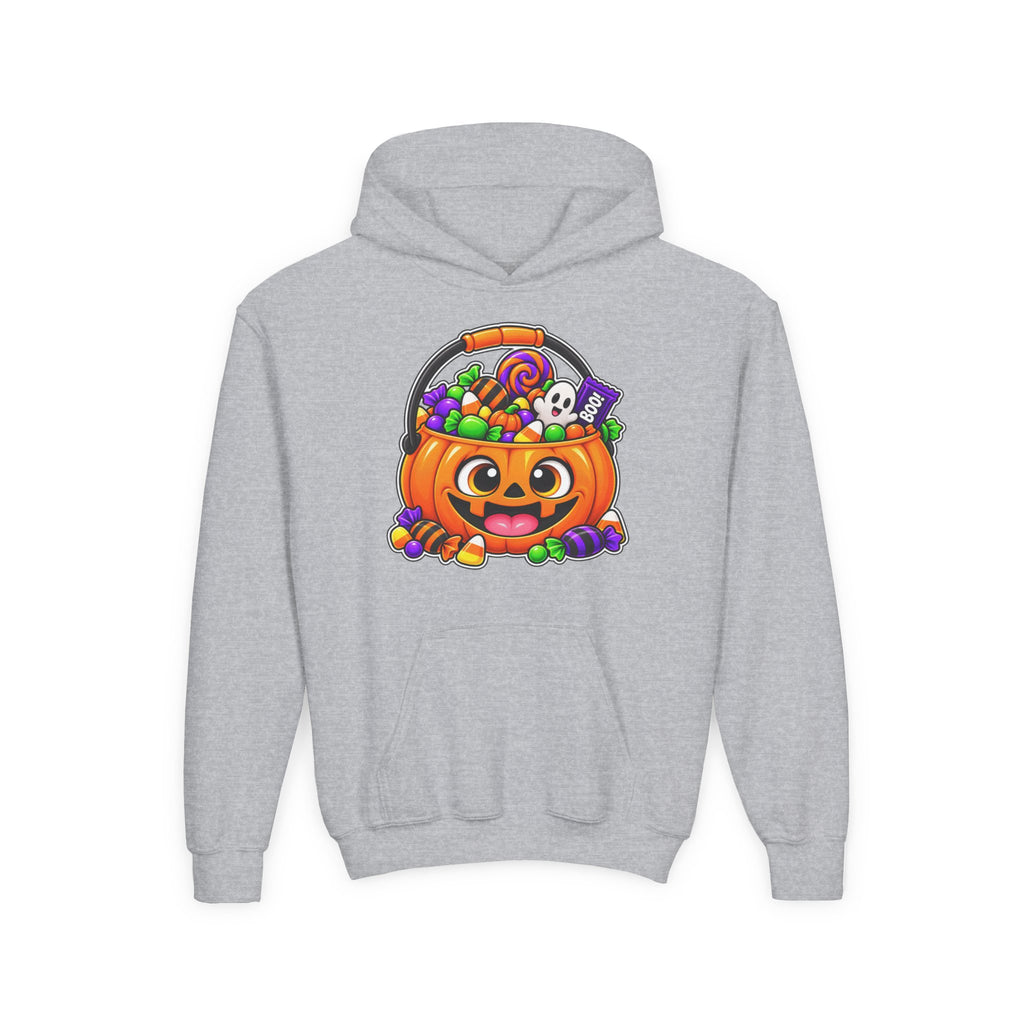 Kidxtr™ Kids Pumpkin Hoodie — 'Trick or Treat' Jack-O-Lantern Candy Basket Graphic Hoodie.