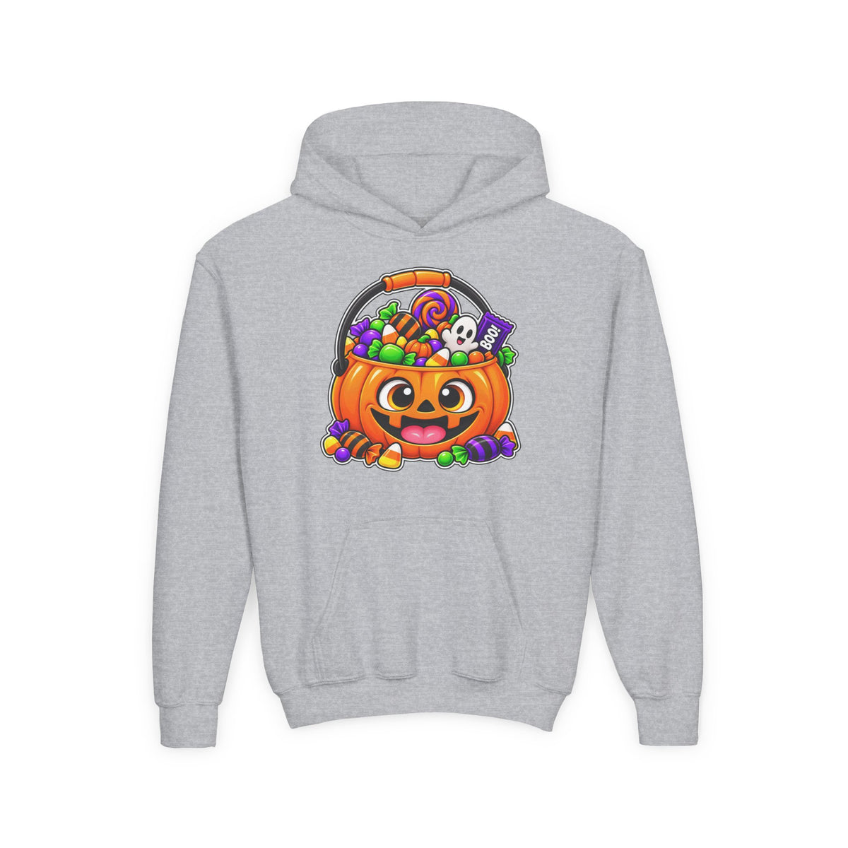 Kidxtr™ Kids Pumpkin Hoodie — 'Trick or Treat' Jack-O-Lantern Candy Basket Graphic Hoodie.
