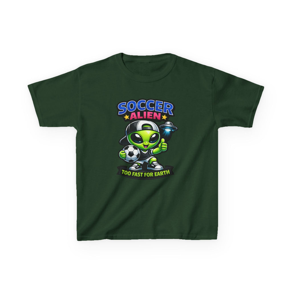 Kids Soccer T-Shirt — 'Too Fast for Earth' Cute Green Alien Soccer Graphic Tee