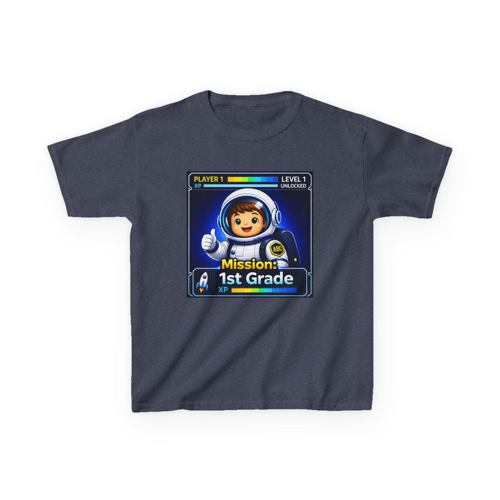 Kids Gaming T-Shirt — 'Mission: 1st Grade' Level Up Astronaut Graphic Tee