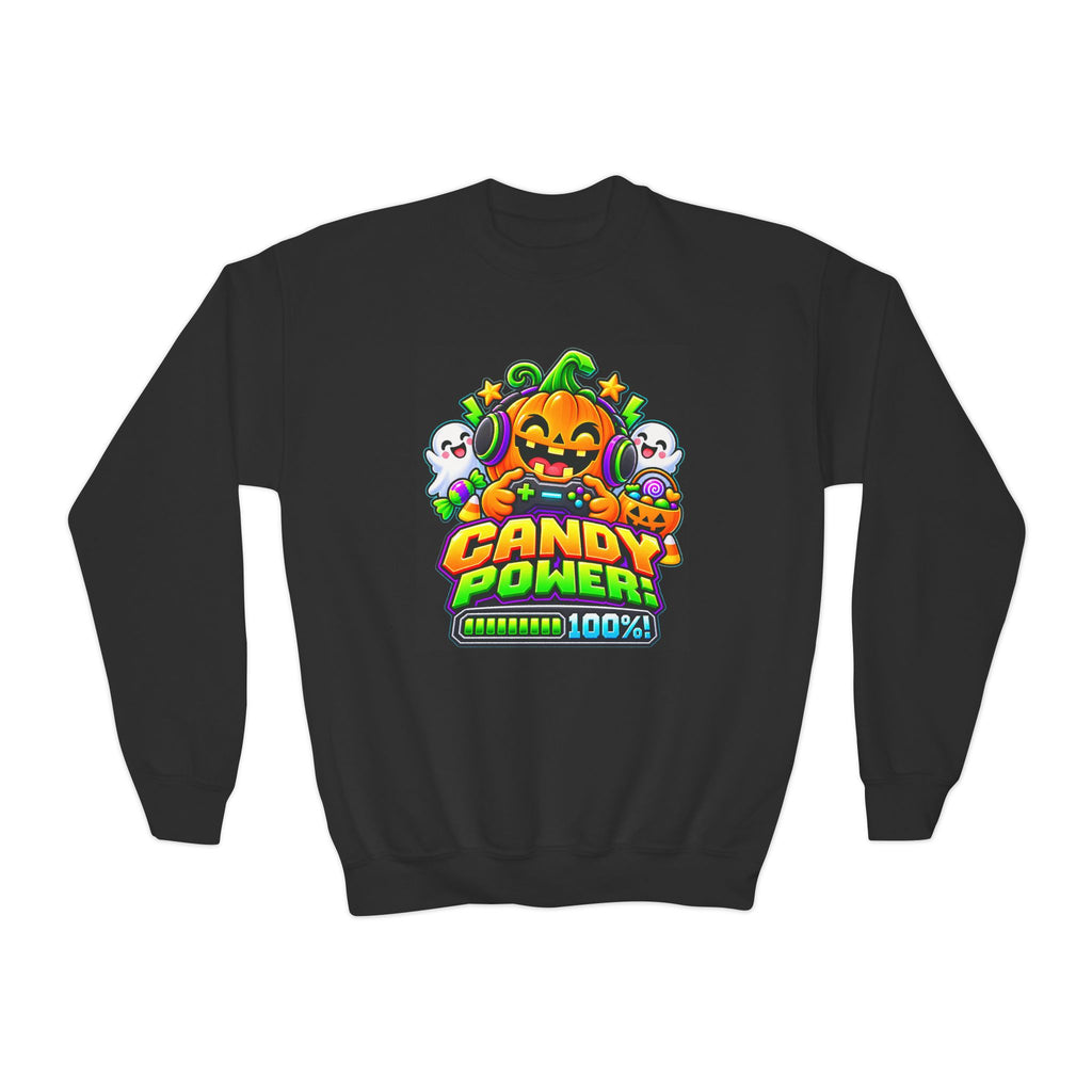 Kidxtr™ Kids Pumpkin Sweatshirt — 'Candy Power 100%' Gamer Halloween Graphic Crewneck