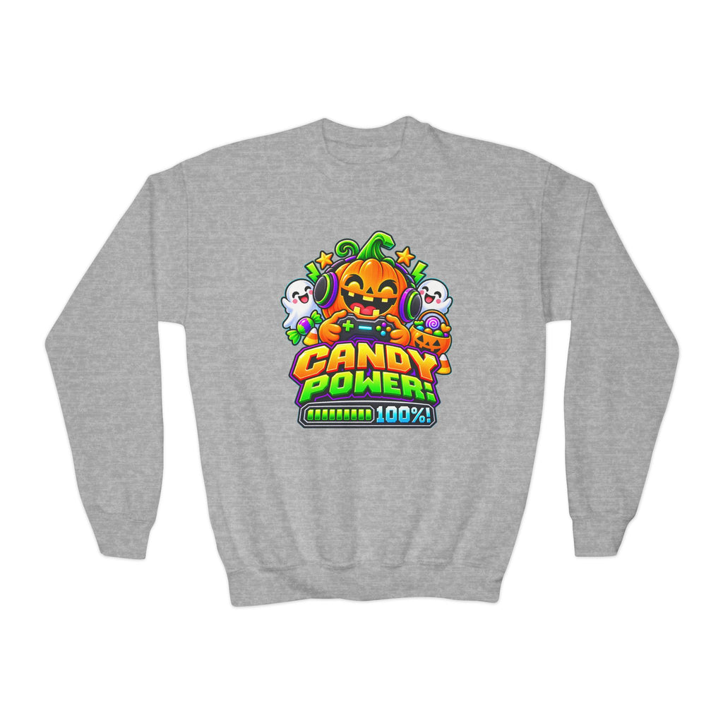 Kidxtr™ Kids Pumpkin Sweatshirt — 'Candy Power 100%' Gamer Halloween Graphic Crewneck