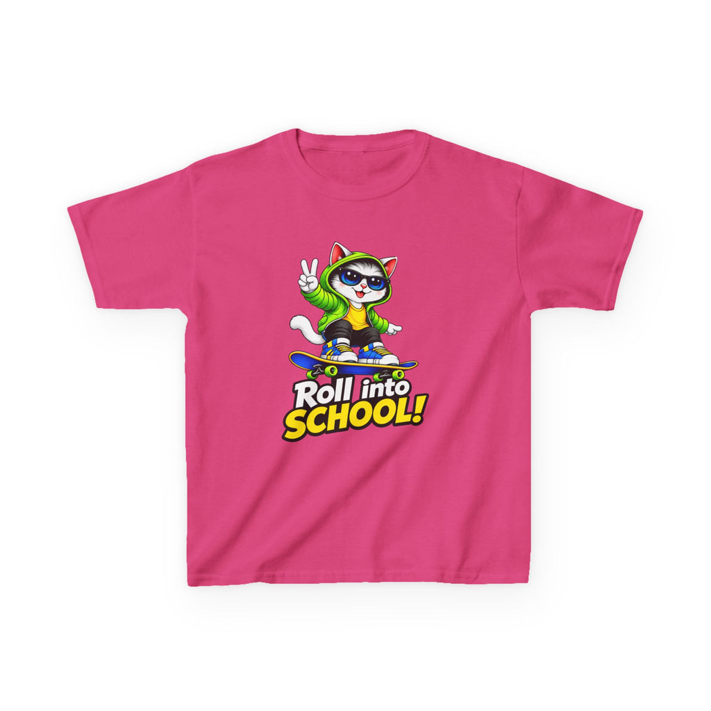 Kids T‑Shirt — 'Roll into School!' Skateboard Cat Back-to-School Tee