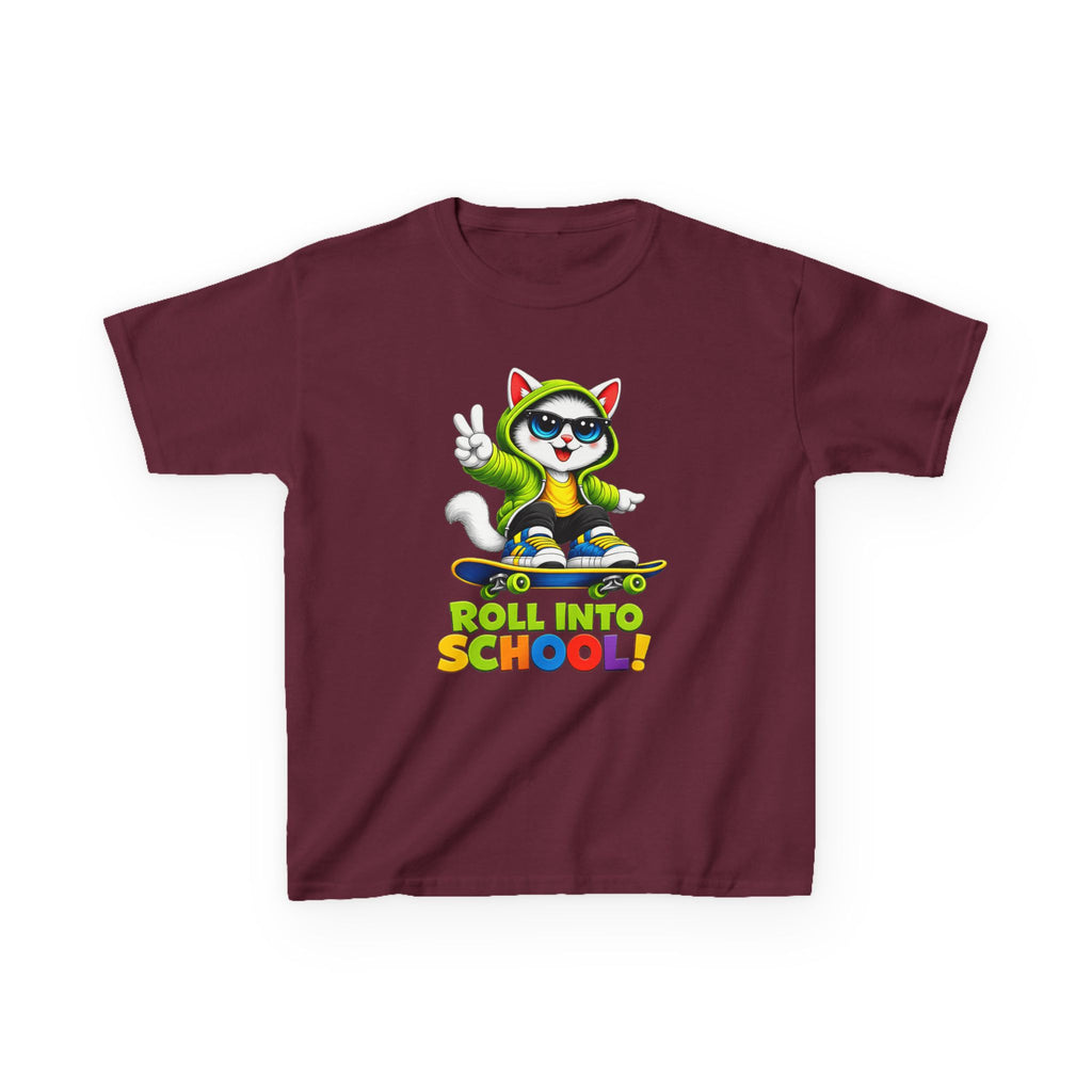 Kids Skateboard Cat T-Shirt — 'Roll Into School' Back-to-School Graphic Tee