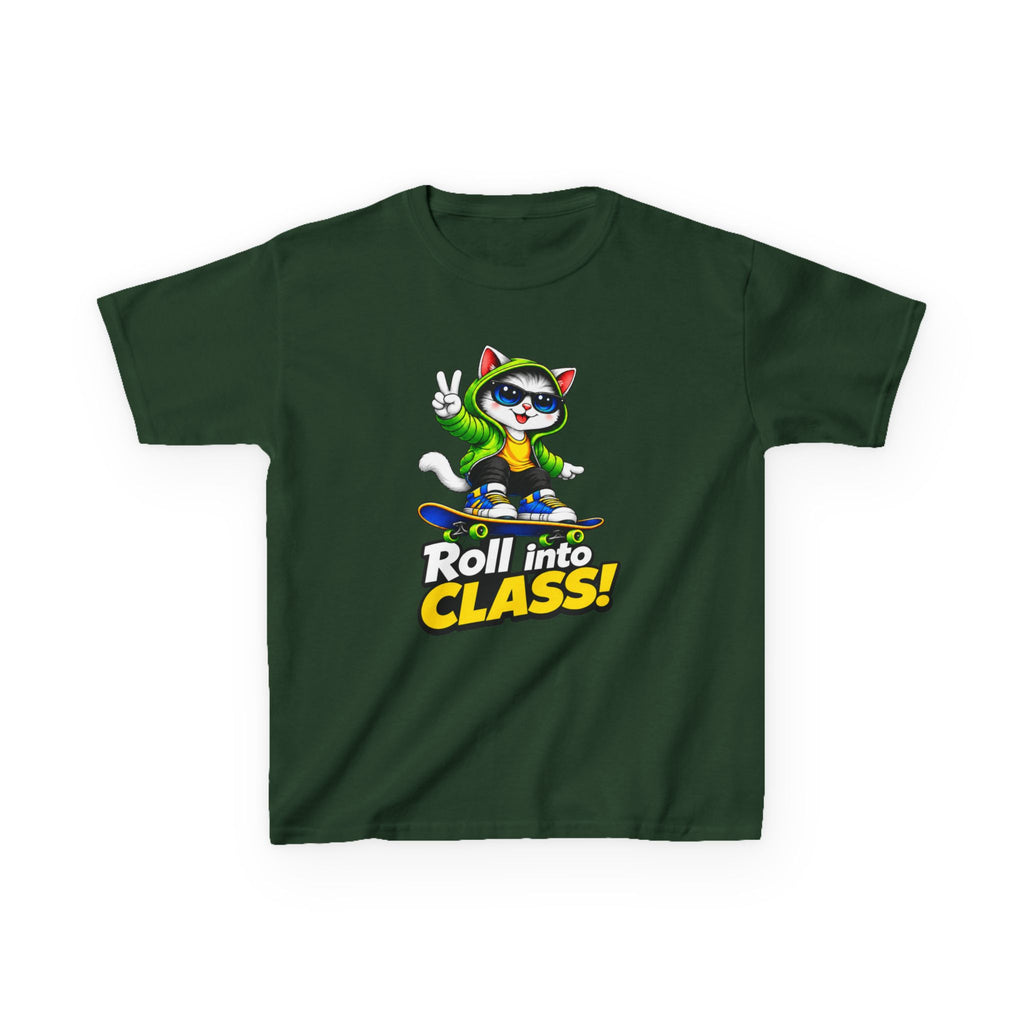 Kids Skateboarding Cat T-Shirt — 'Roll into Class!' Back-to-School Graphic Tee