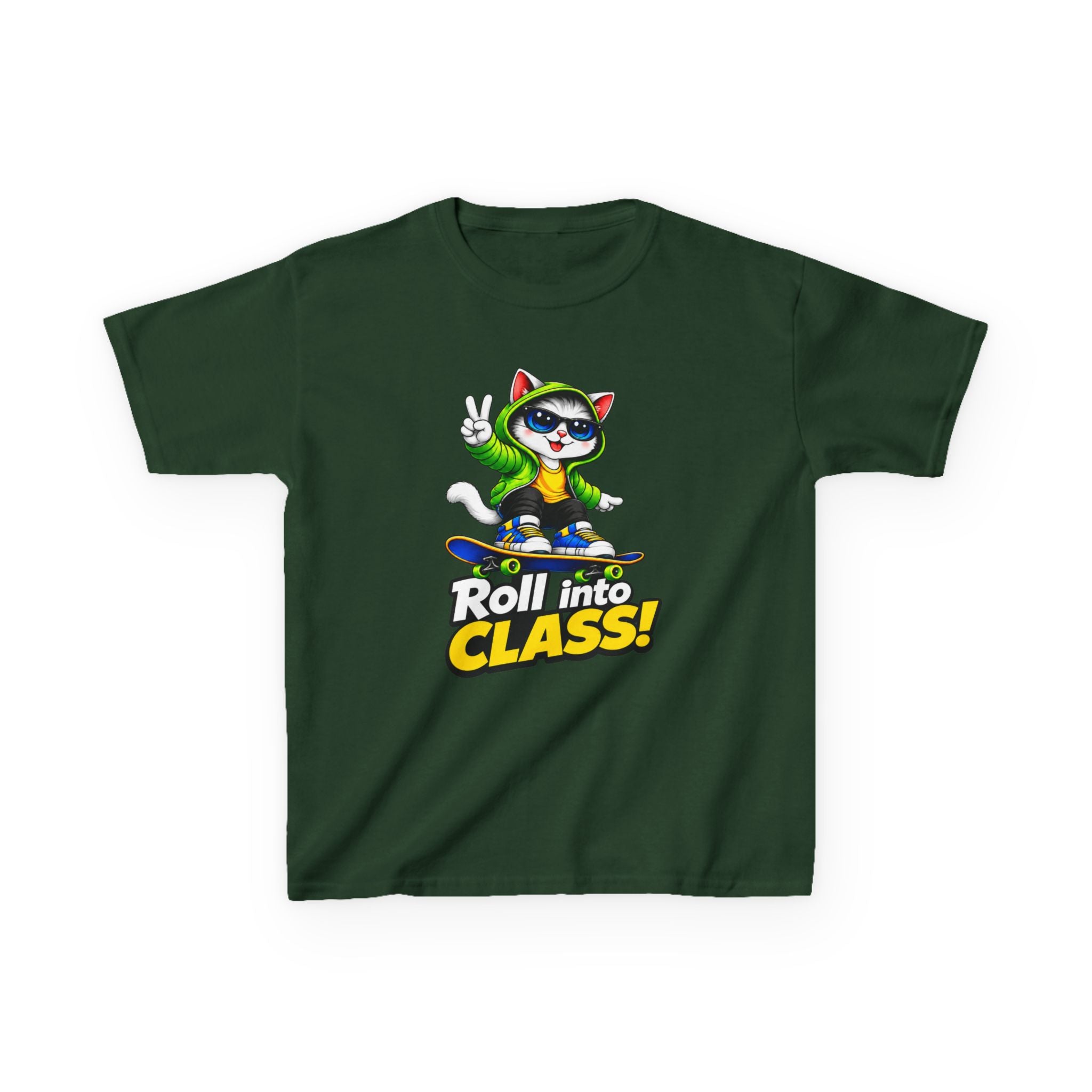 Kids Skateboarding Cat T-Shirt — 'Roll into Class!' Back-to-School Graphic Tee