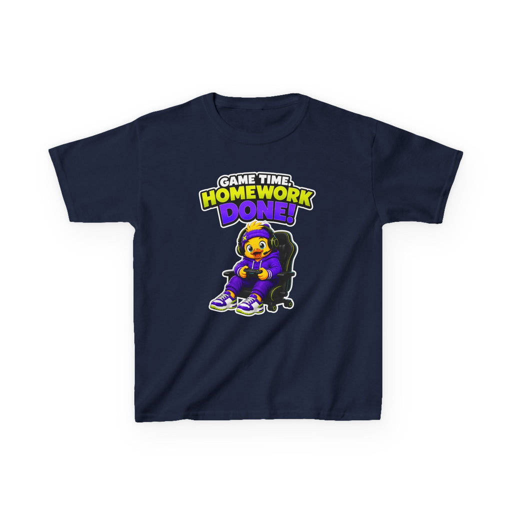 Kids Gamer T-Shirt — 'Game Time, Homework Done!' Gamer Cartoon Graphic Tee