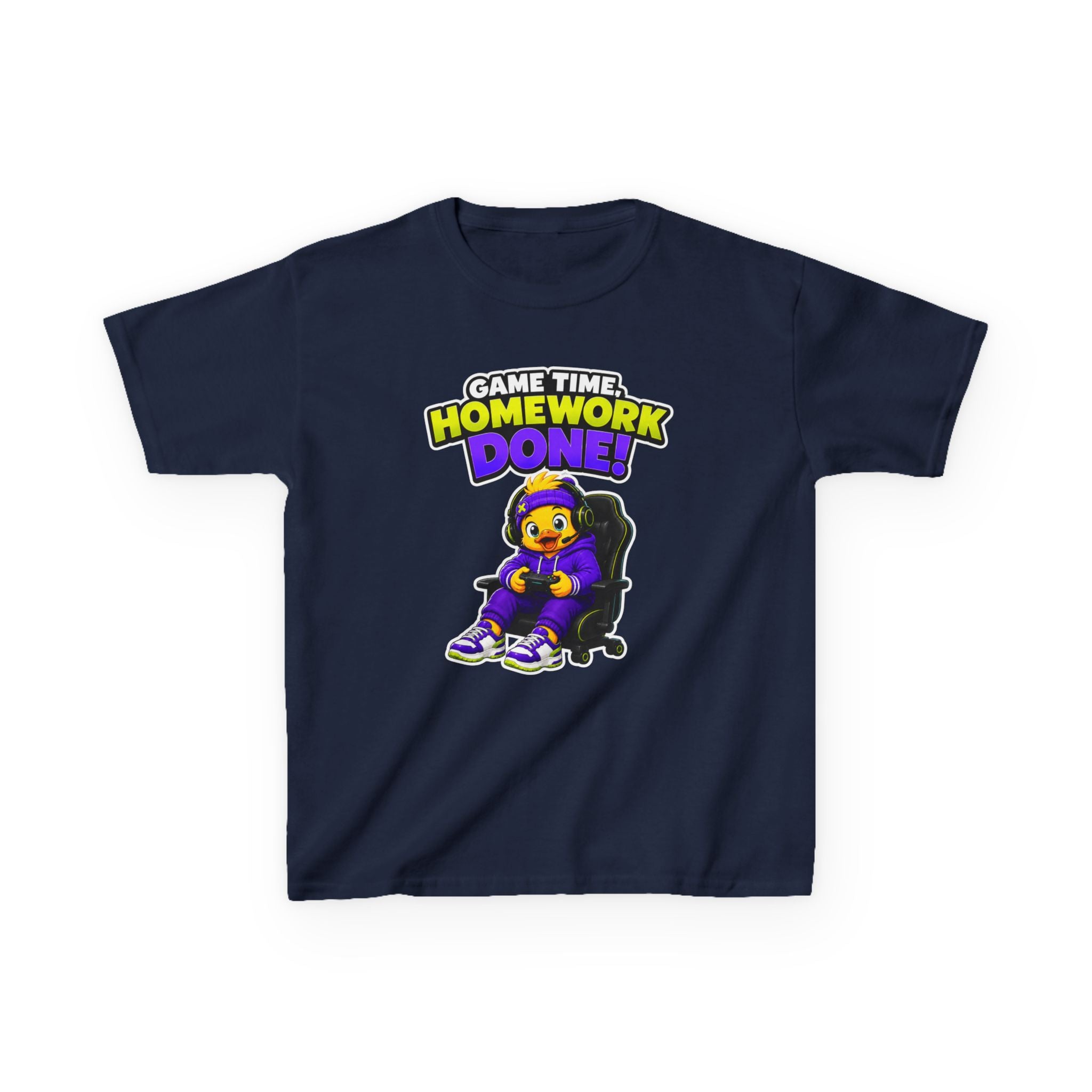 Kids Gamer T-Shirt — 'Game Time, Homework Done!' Gamer Cartoon Graphic Tee