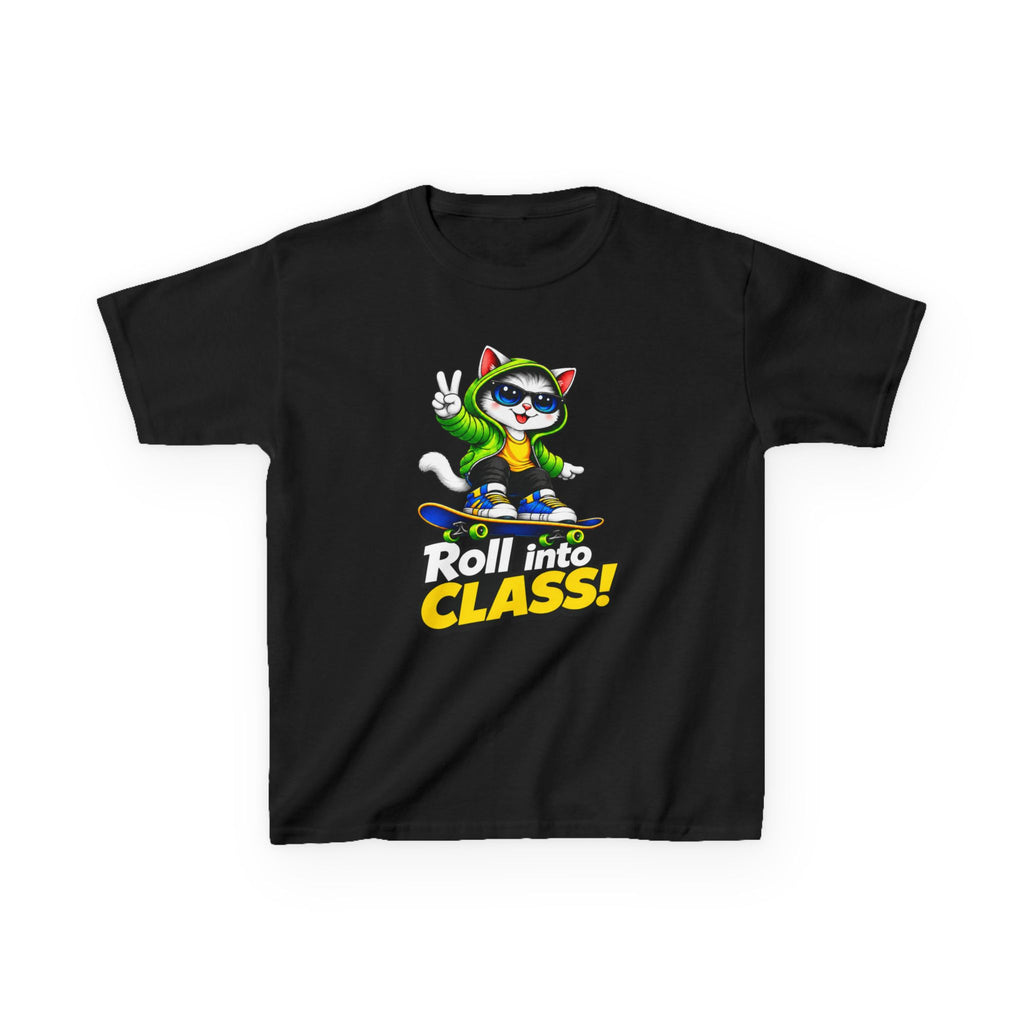 Kids Skateboarding Cat T-Shirt — 'Roll into Class!' Back-to-School Graphic Tee