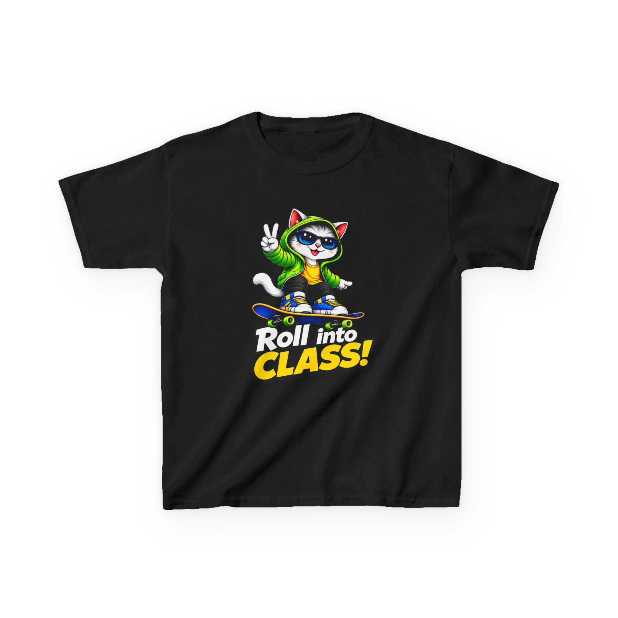 Kids Skateboarding Cat T-Shirt — 'Roll into Class!' Back-to-School Graphic Tee