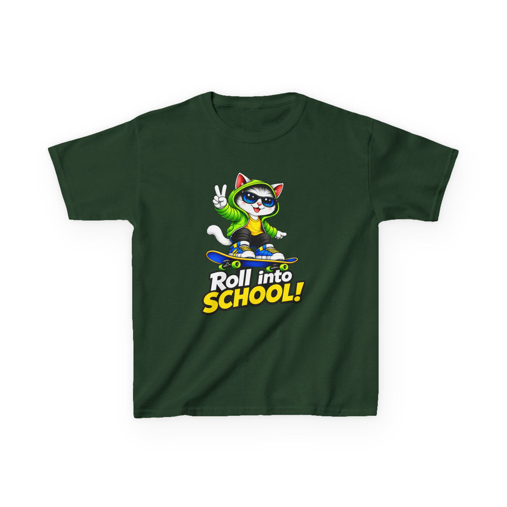 Kids T‑Shirt — 'Roll into School!' Skateboard Cat Back-to-School Tee