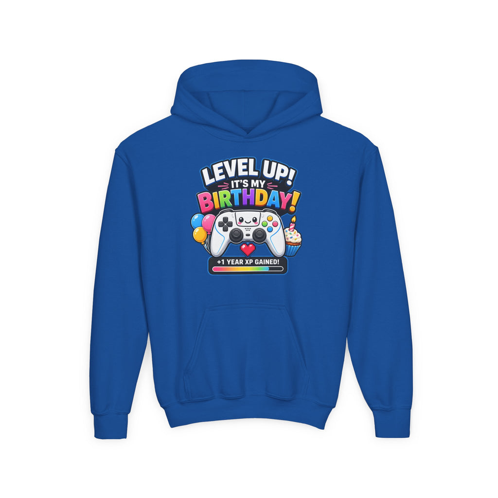 Kidxtr™ Kids Birthday Hoodie — 'Level Up, It’s My Birthday' Cartoon Graphic Sweatshirt