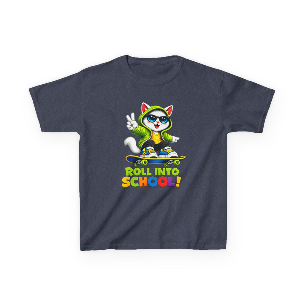 Kids Skateboard Cat T-Shirt — 'Roll Into School' Back-to-School Graphic Tee