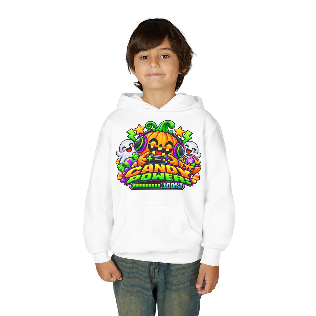 Kidxtr™ Kids Halloween Hoodie — 'Candy Power 100%' Gamer Pumpkin Graphic Hoodie
