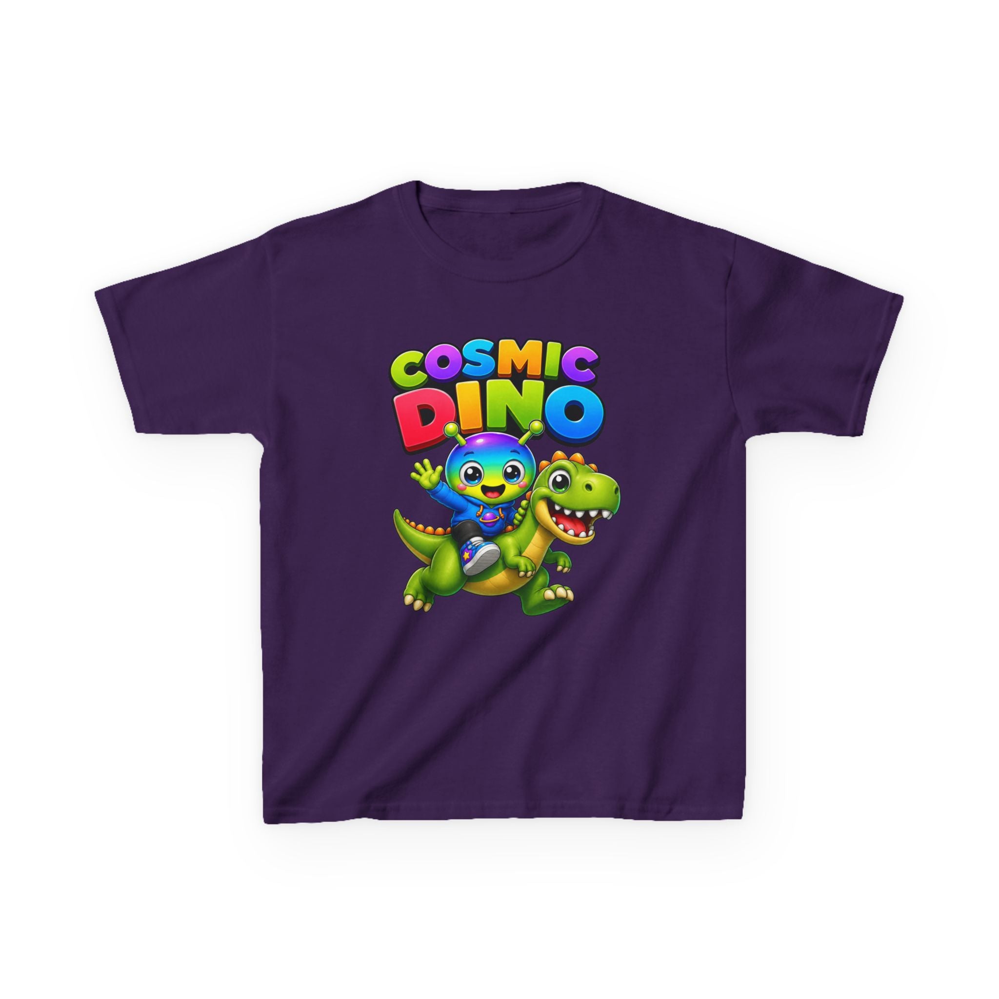 Kids Cosmic Dino T-Shirt — 'Cosmic Dino' Colorful Alien Riding Dinosaur Graphic Tee