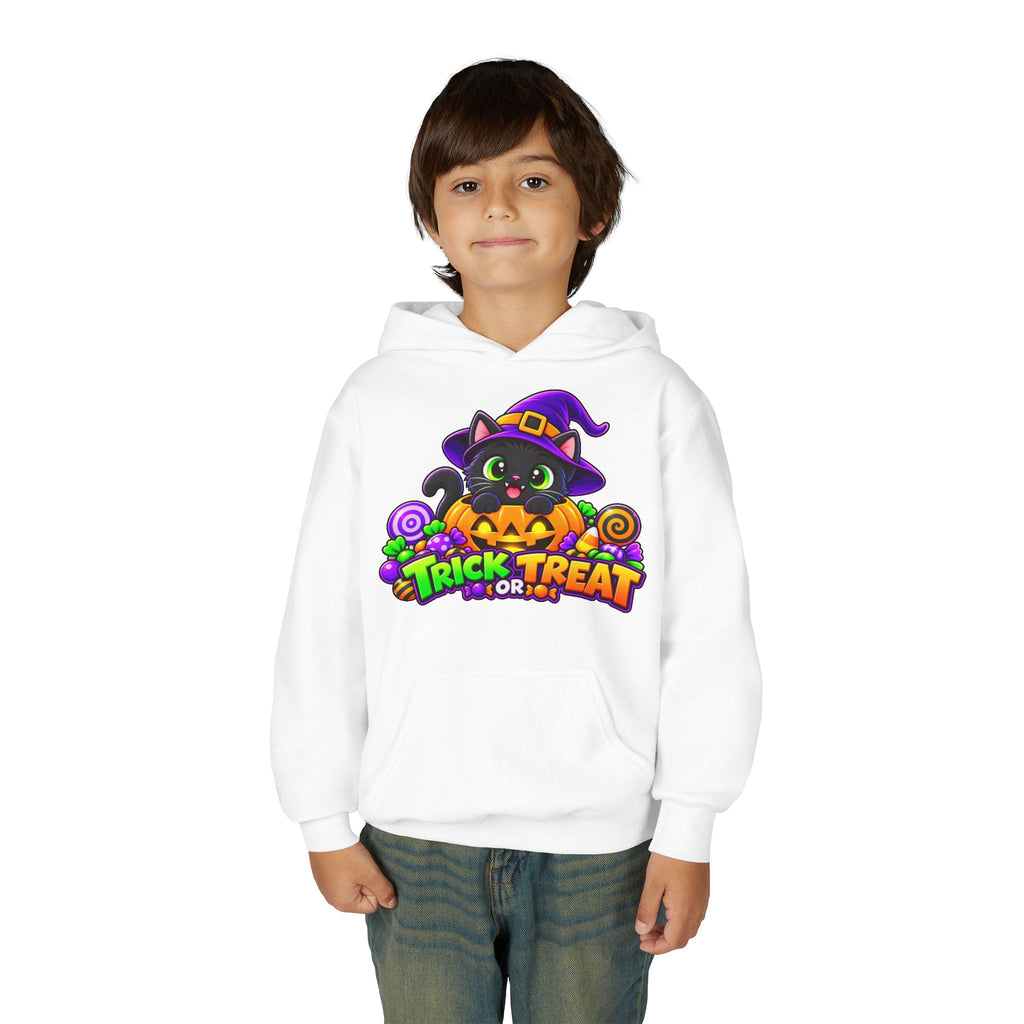 Kidxtr™ Kids Halloween Hoodie — 'Trick or Treat' Black Cat in Pumpkin Graphic Hoodie