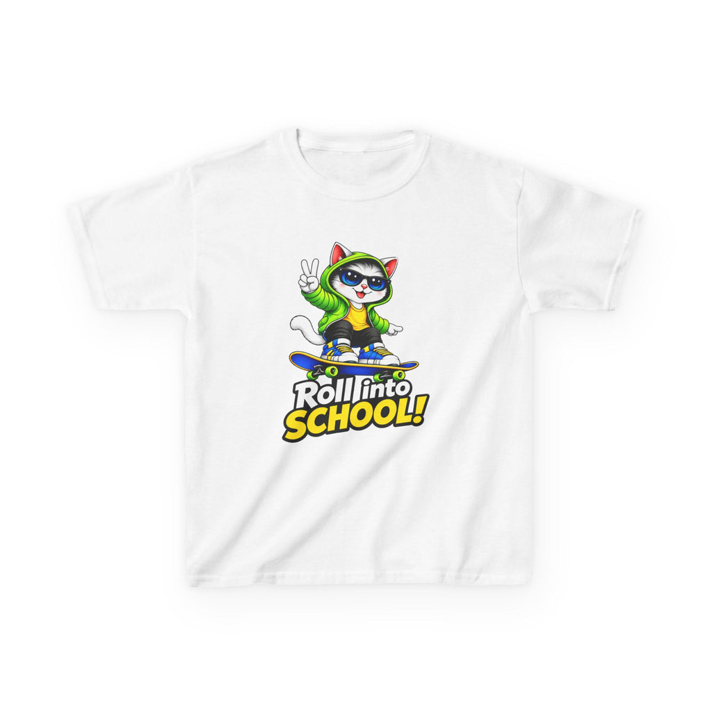Kids T‑Shirt — 'Roll into School!' Skateboard Cat Back-to-School Tee