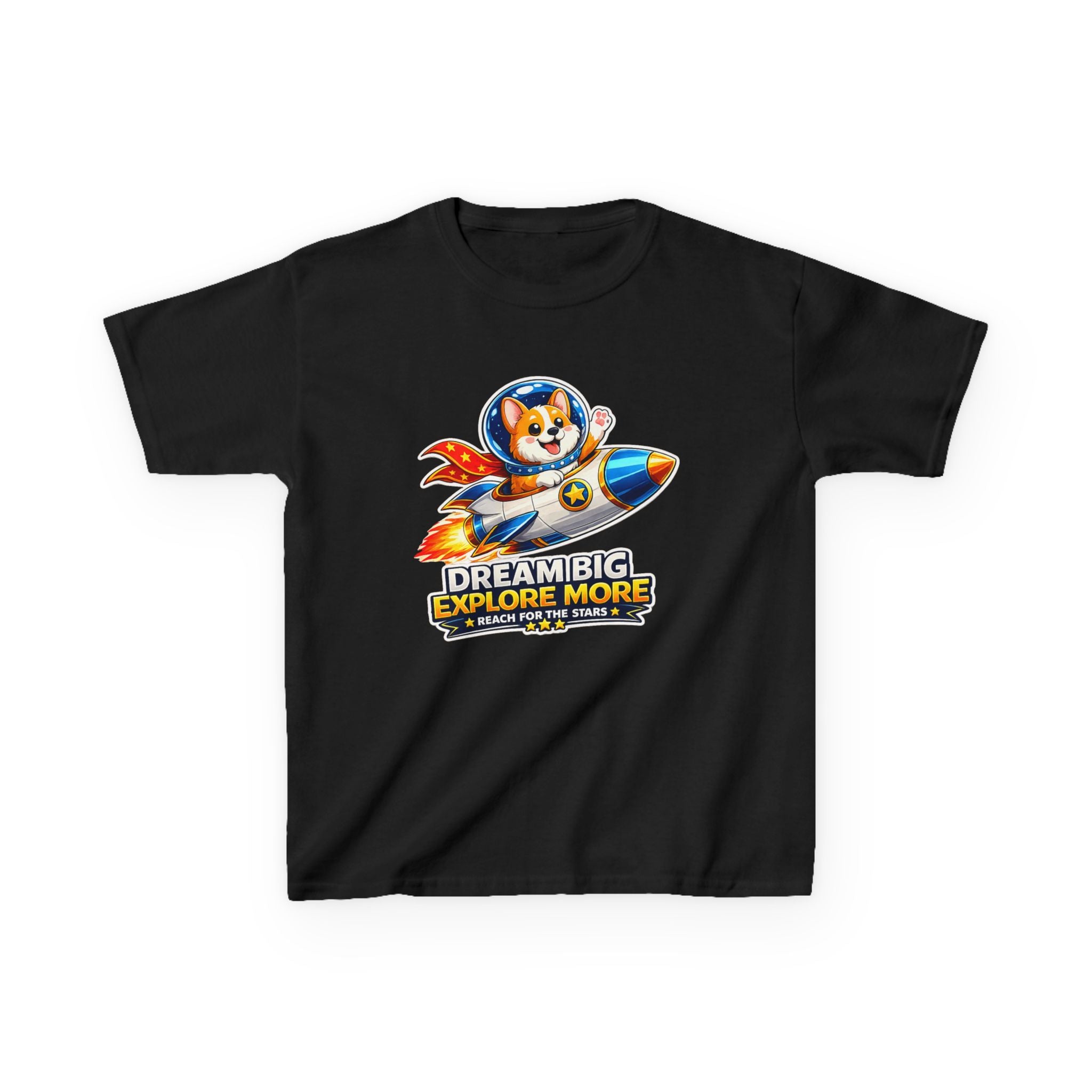 Kids Tee — "Dream Big Explore More" Rocket Dog Space Graphic