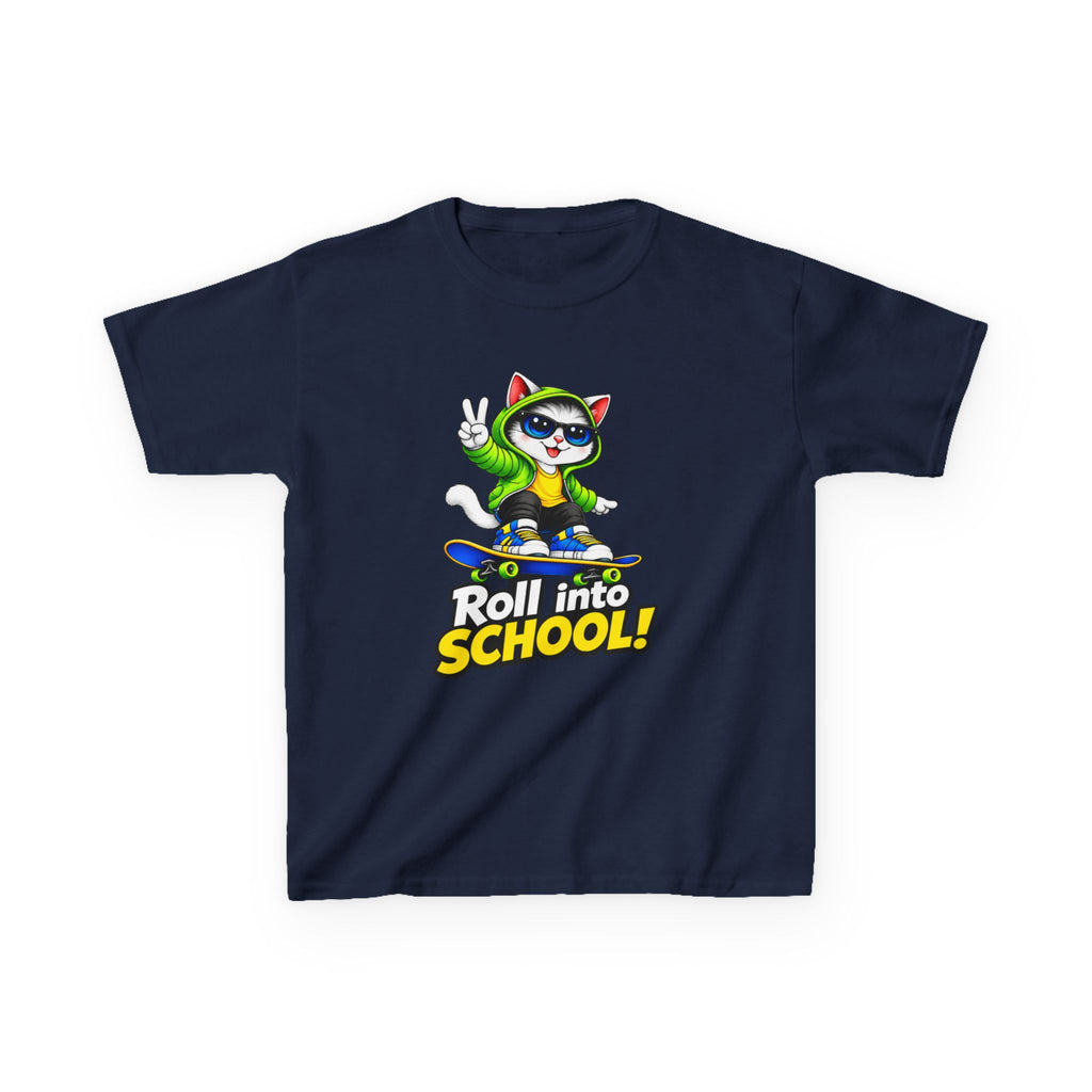 Kids T‑Shirt — 'Roll into School!' Skateboard Cat Back-to-School Tee