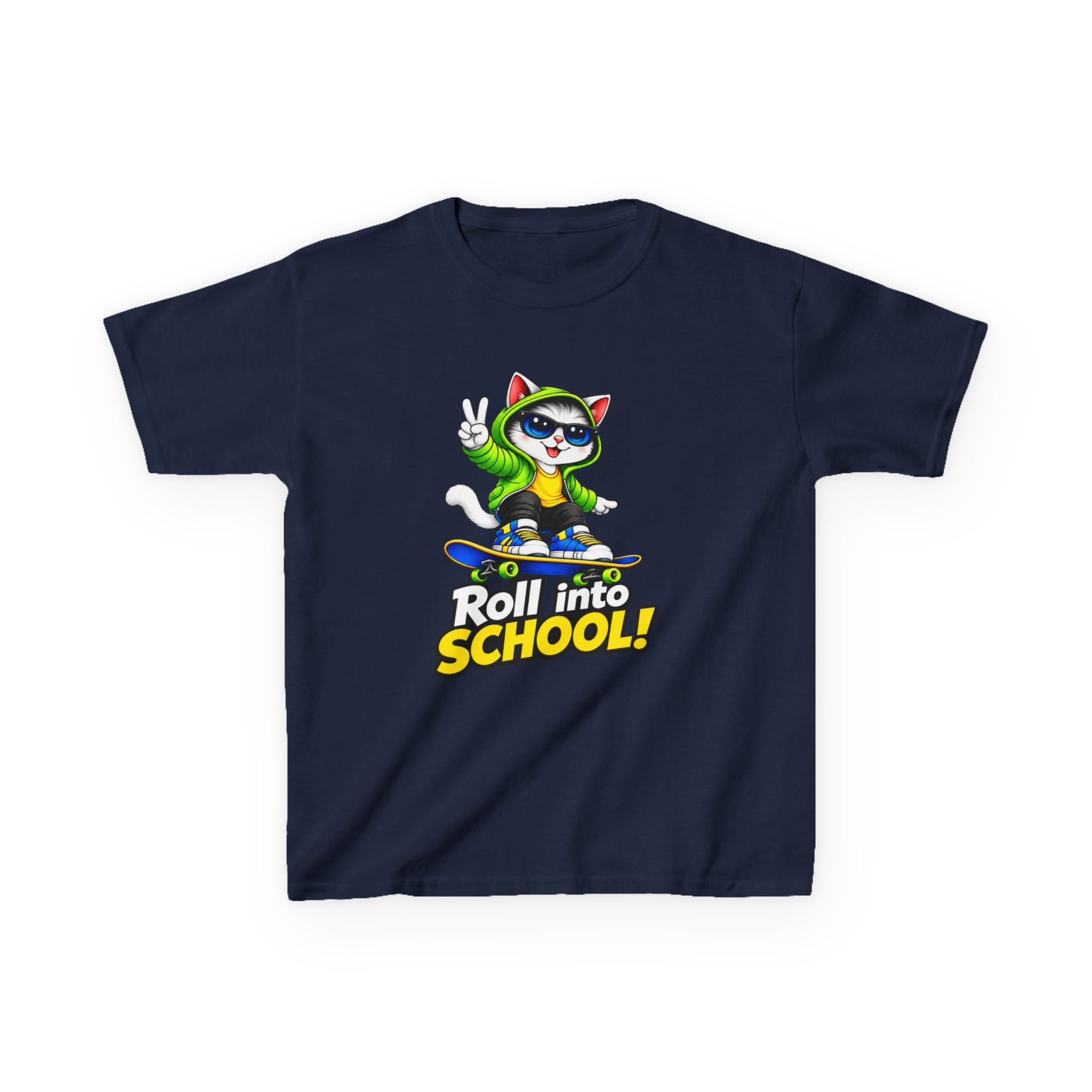 Kids T‑Shirt — 'Roll into School!' Skateboard Cat Back-to-School Tee
