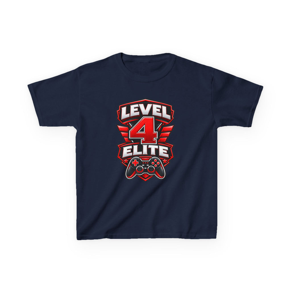 Kids Gamer T-Shirt — 'Level 4 Elite' Gamer Badge Graphic Tee