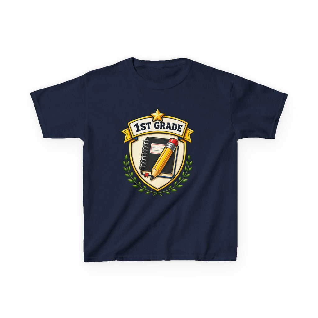 Kids 1st Grade T-Shirt — 'First Day Ready' Pencil & Notebook Badge Graphic Tee