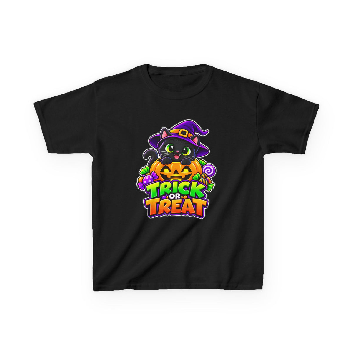 Kidxtr™ Kids Halloween T-Shirt — 'Trick or Treat' Black Cat in Pumpkin Graphic Tee