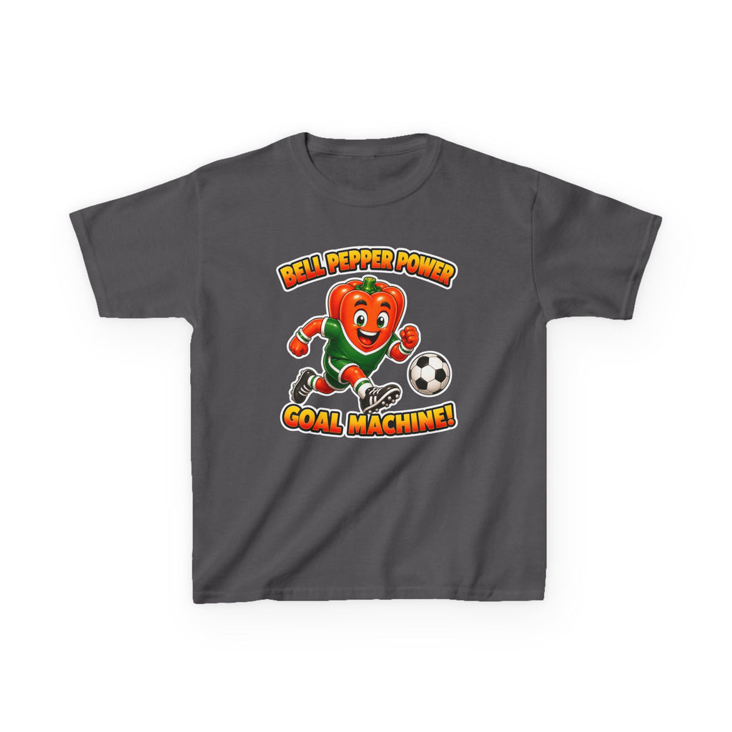 Kids Soccer T-Shirt — 'Bell Pepper Power' Goal Machine Cute Veggie Mascot Graphic Tee