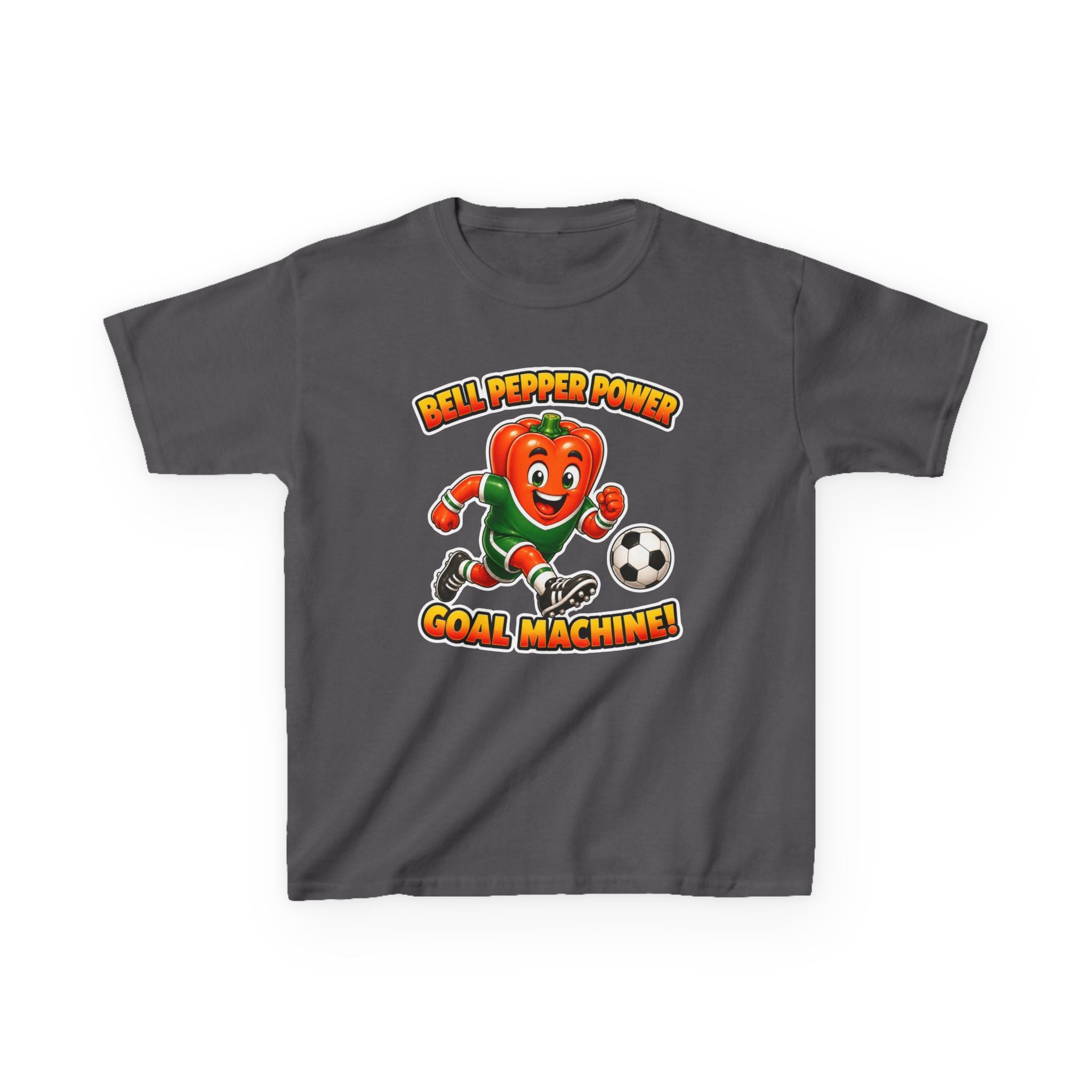 Kids Soccer T-Shirt — 'Bell Pepper Power' Goal Machine Cute Veggie Mascot Graphic Tee