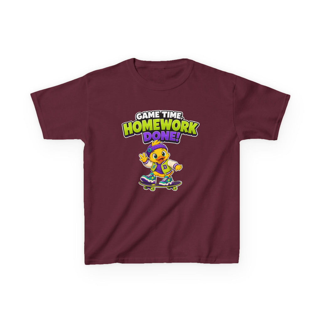 Kids Back-to-School T-Shirt — 'Game Time, Homework Done!' Skateboard Duck Graphic Tee